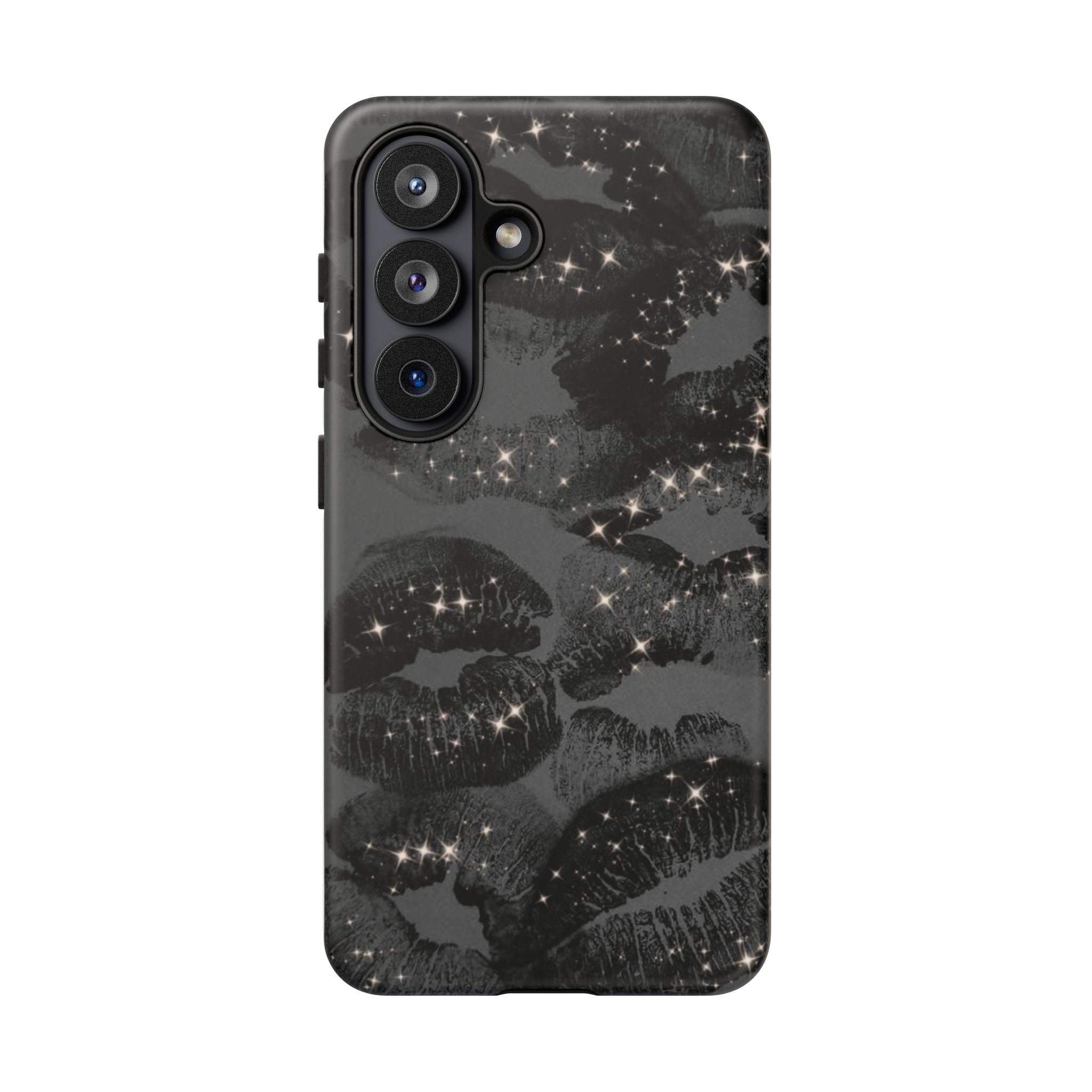 Black Glitter Kiss Phone Case — Sparkling Lip Print Protective Cover