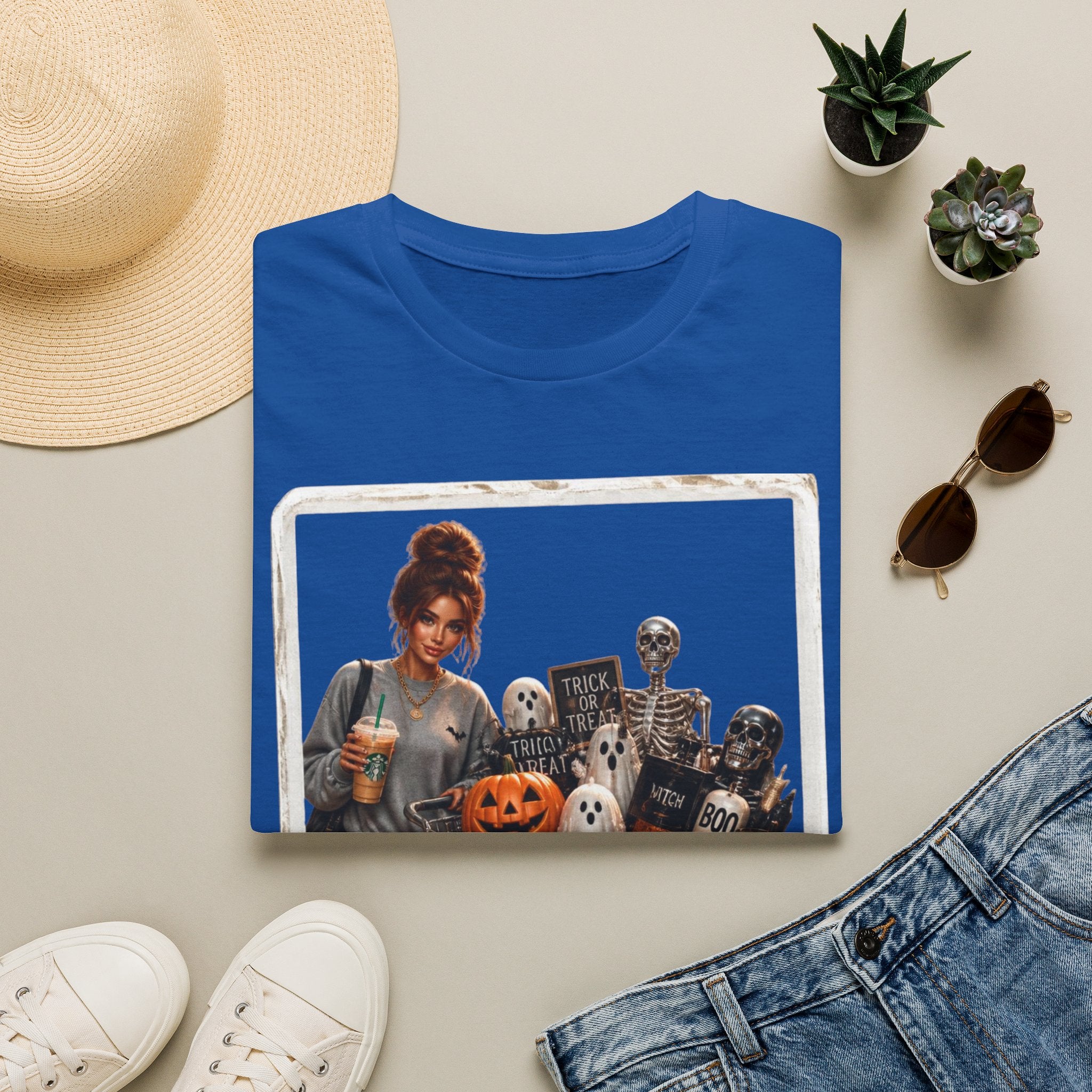 Halloween Cozy Tee — Woman with Pumpkin & Skeleton Graphic