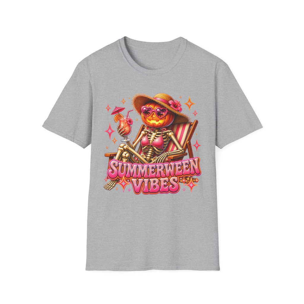 Summerween Vibes T-Shirt — Pumpkin Skeleton Beach Tee