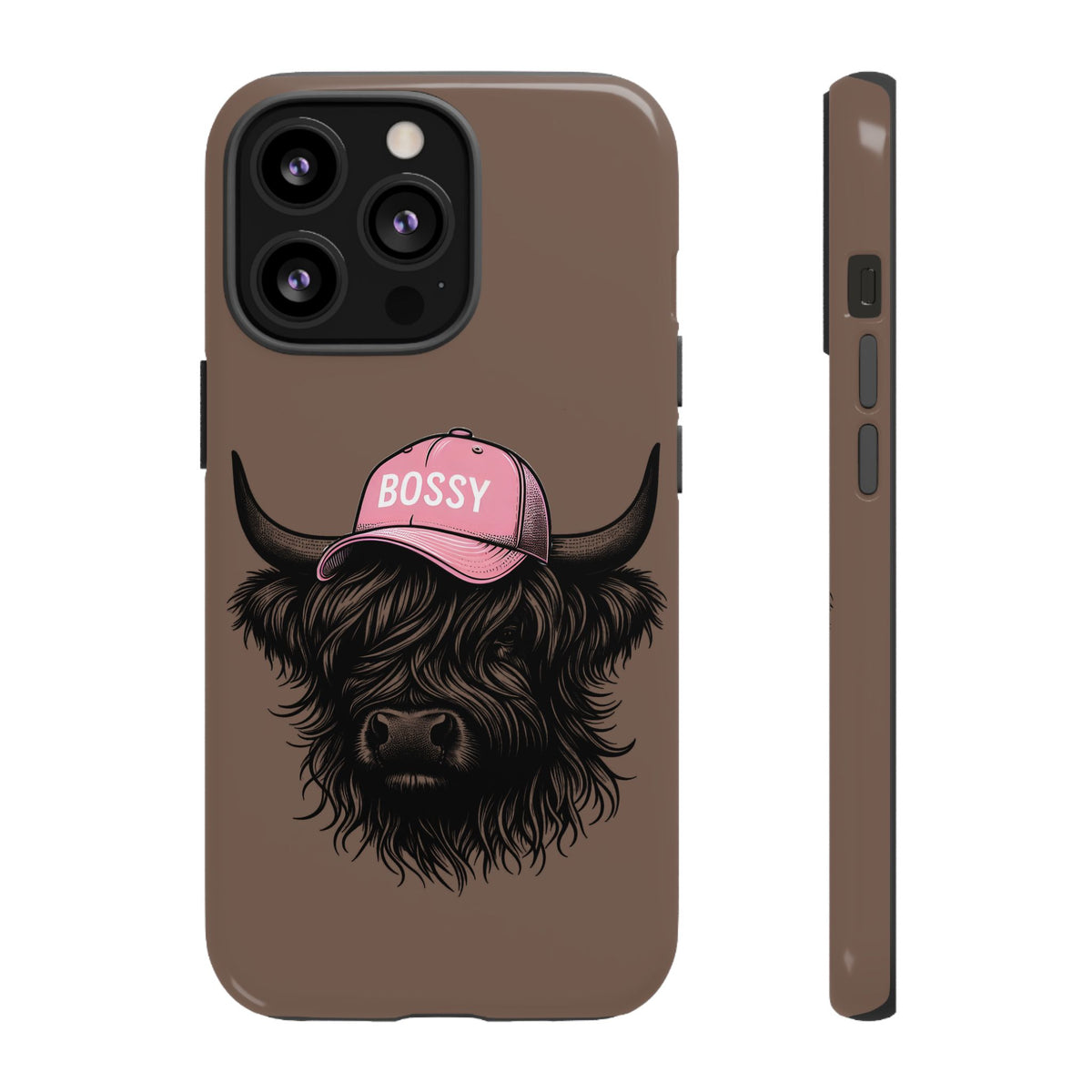 Phone Case — Highland Cow Wearing 'BOSSY' Pink Hat, Cute Farm Animal Protective Cover