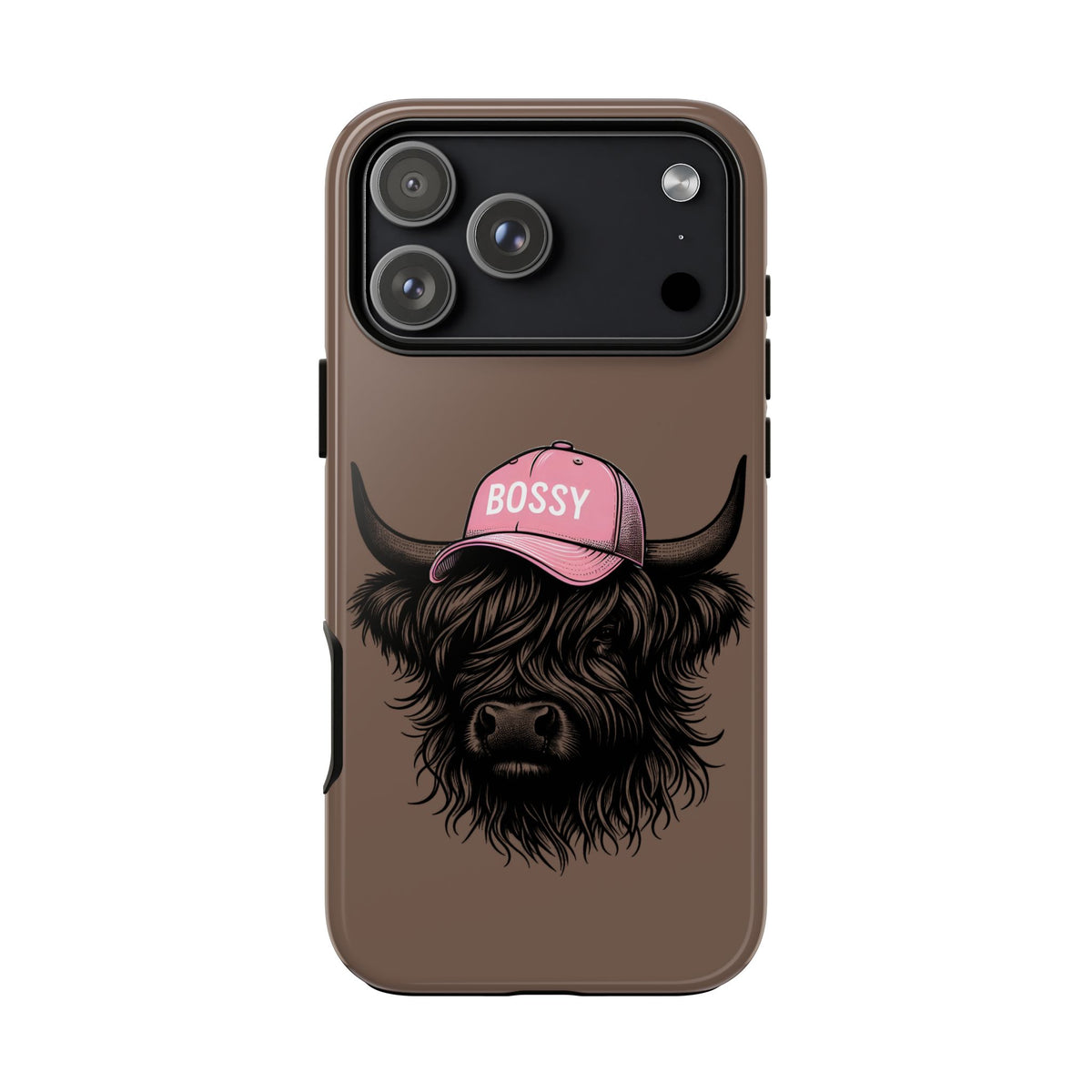 Phone Case — Highland Cow Wearing 'BOSSY' Pink Hat, Cute Farm Animal Protective Cover