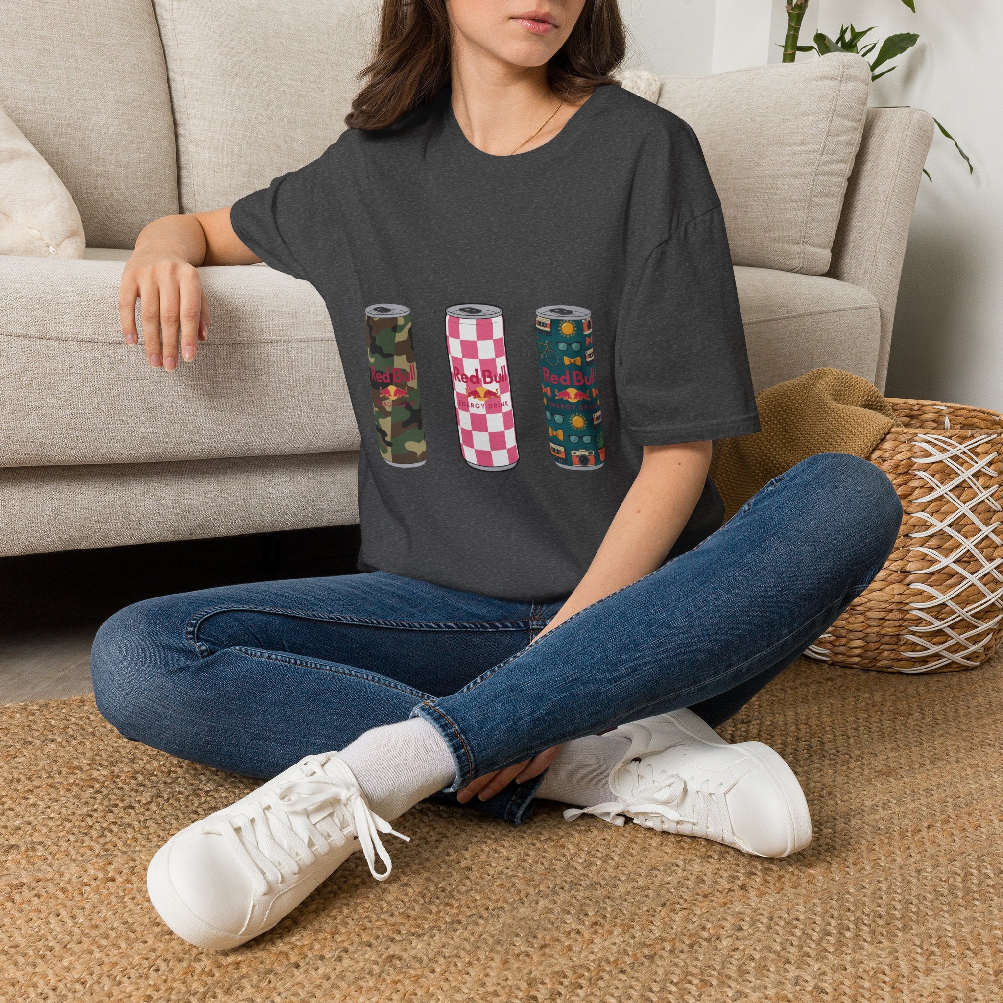 Energy Drink Can Trio T-Shirt — Camouflage, Checker & Floral Cans