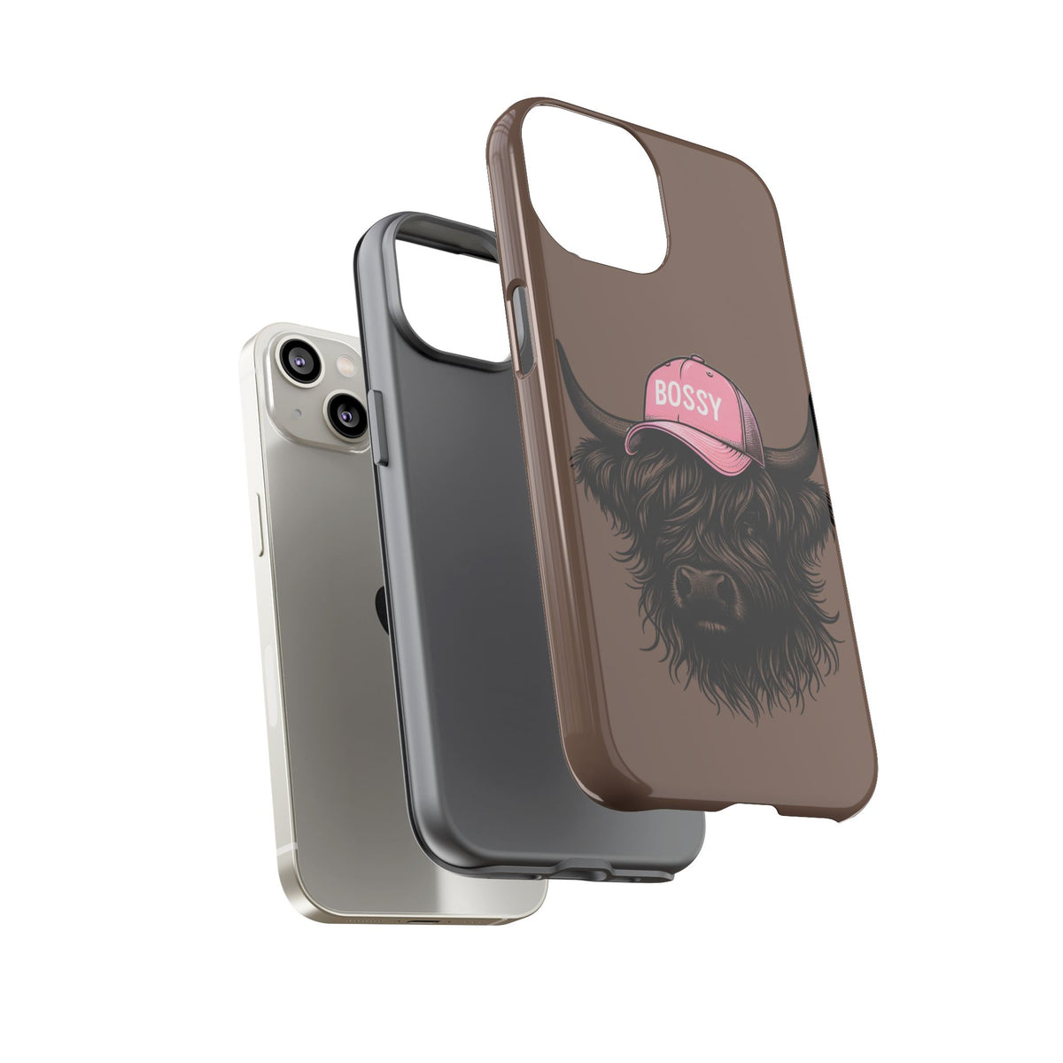 Phone Case — Highland Cow Wearing 'BOSSY' Pink Hat, Cute Farm Animal Protective Cover