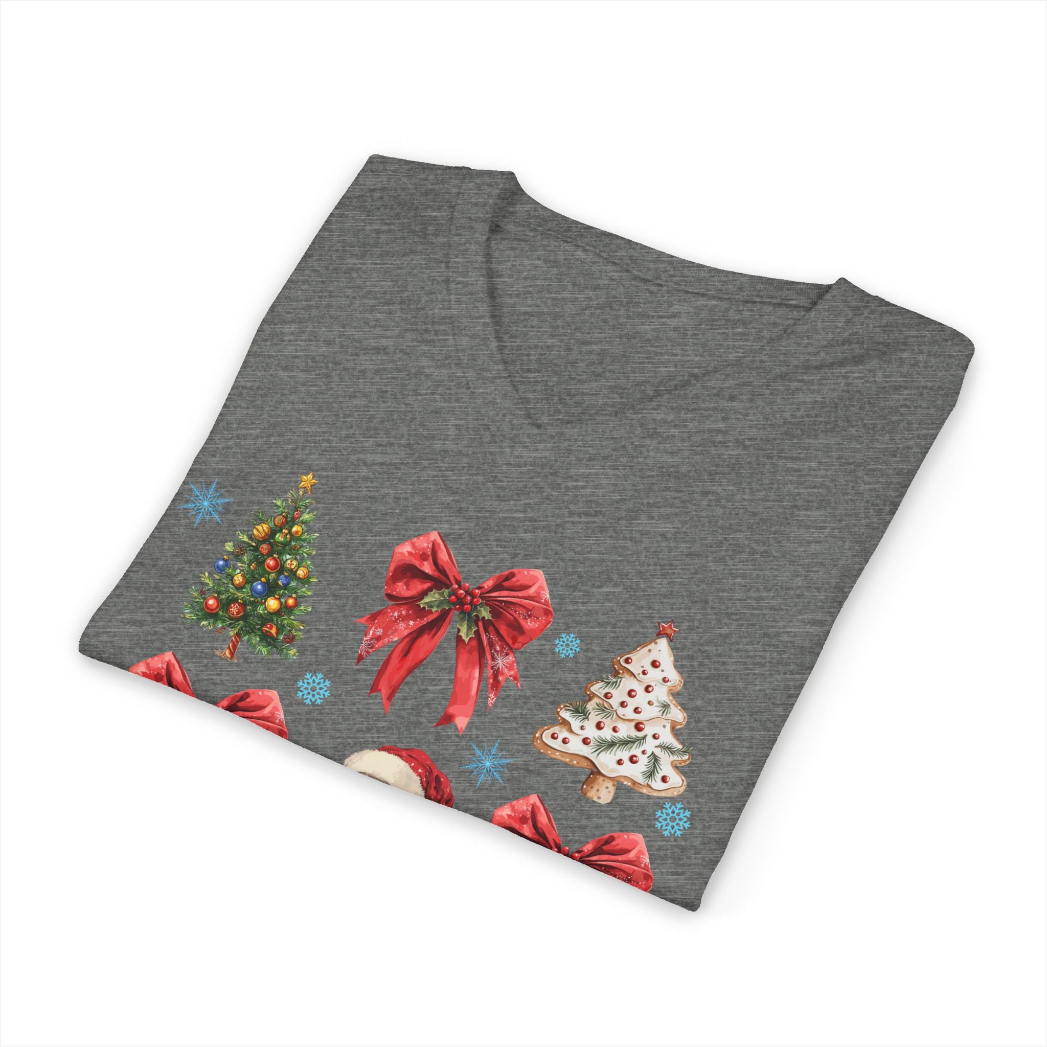 Christmas Icons V-Neck Tee — Santa, Trees & Holiday Bows