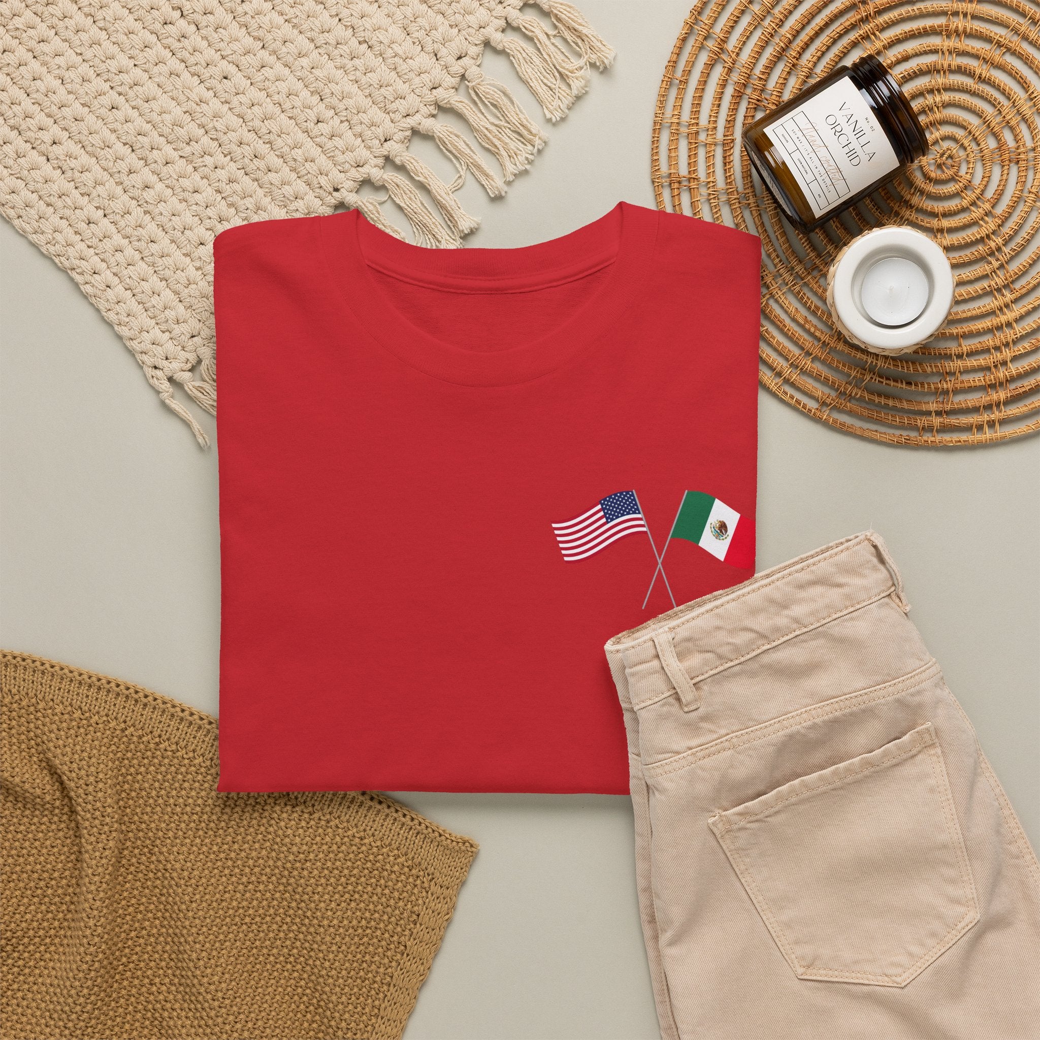 American & Italian Flag Tee with Vintage Rose Back — Patriotic Floral T-Shirt