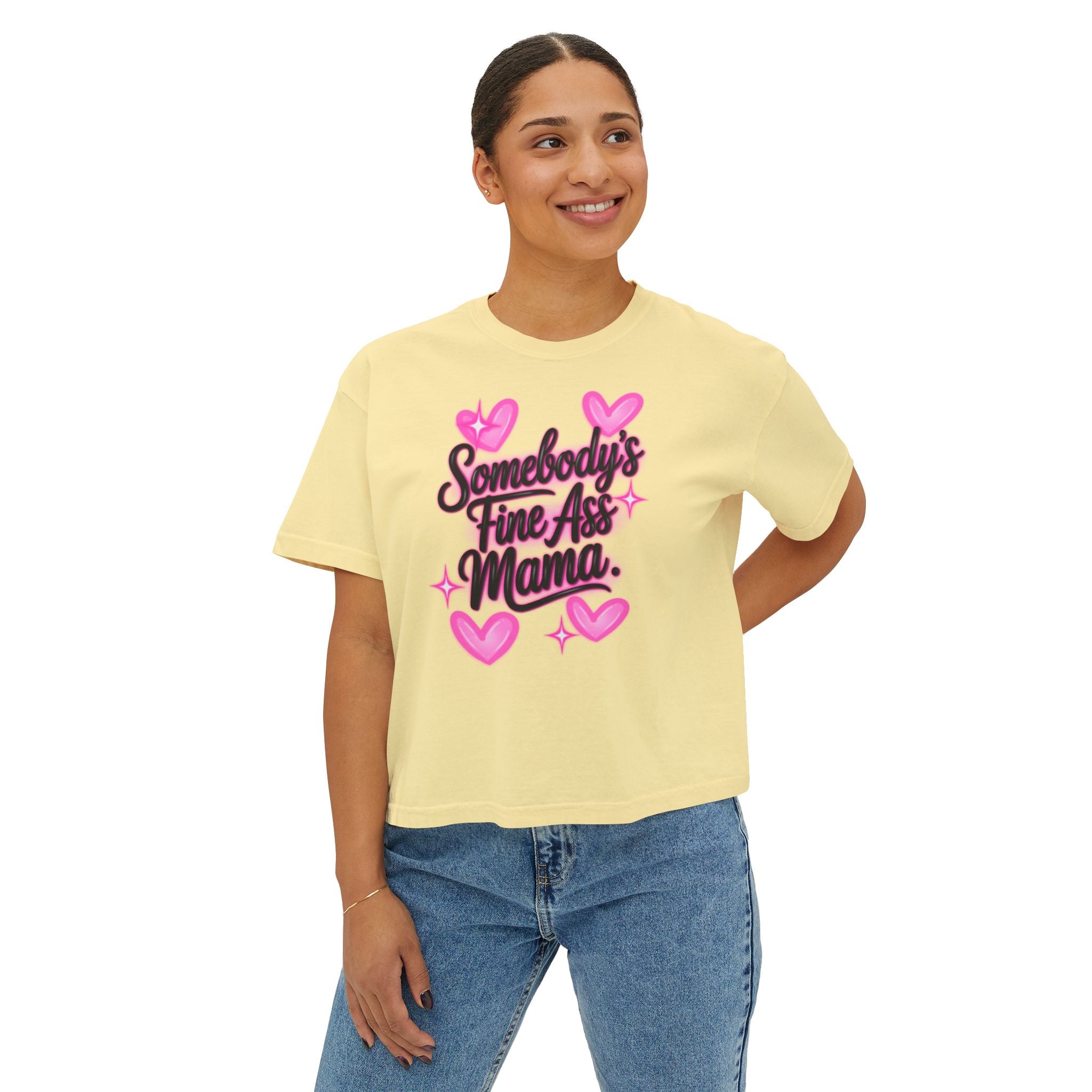 Somebody's Fine Ass Mama Boxy Tee — Cute Pink Heart Mom Graphic Shirt
