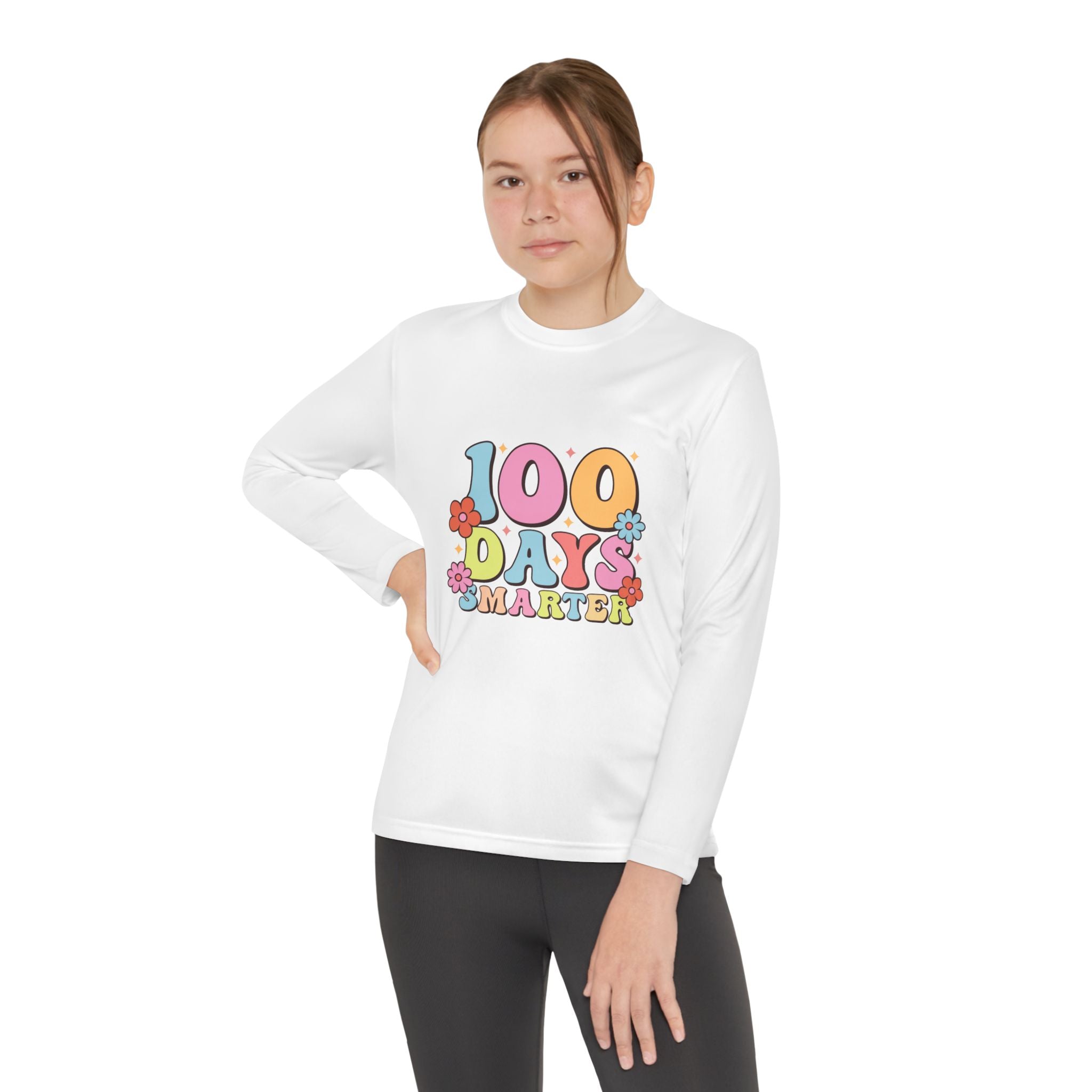 100 Days Smarter Youth Long Sleeve Tee — Retro Floral School Celebration Shirt