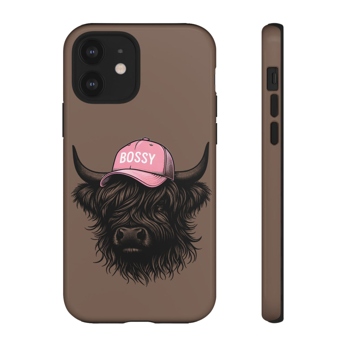 Phone Case — Highland Cow Wearing 'BOSSY' Pink Hat, Cute Farm Animal Protective Cover
