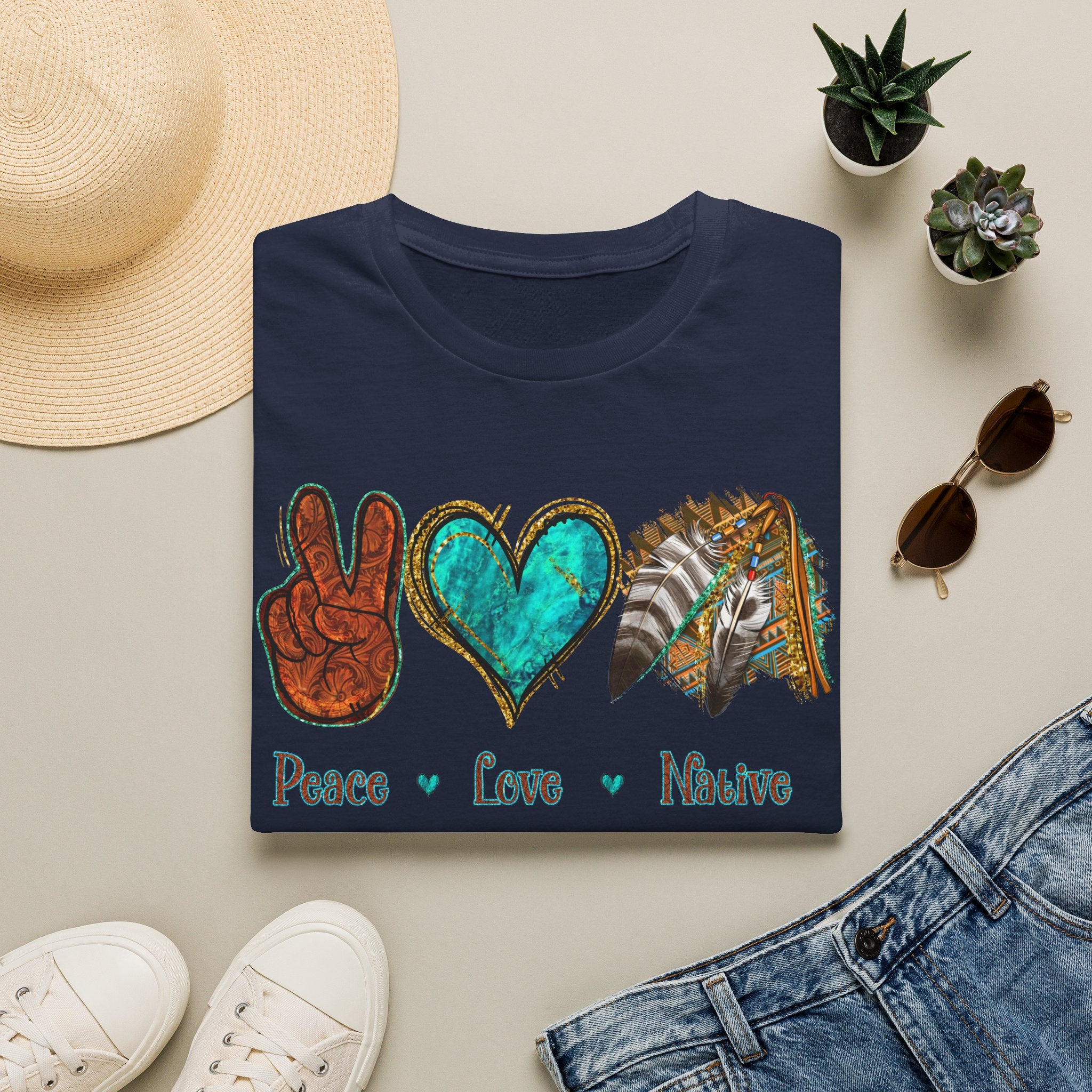 Peace Love Native T-Shirt — Boho Tribal Teal Heart Graphic Tee