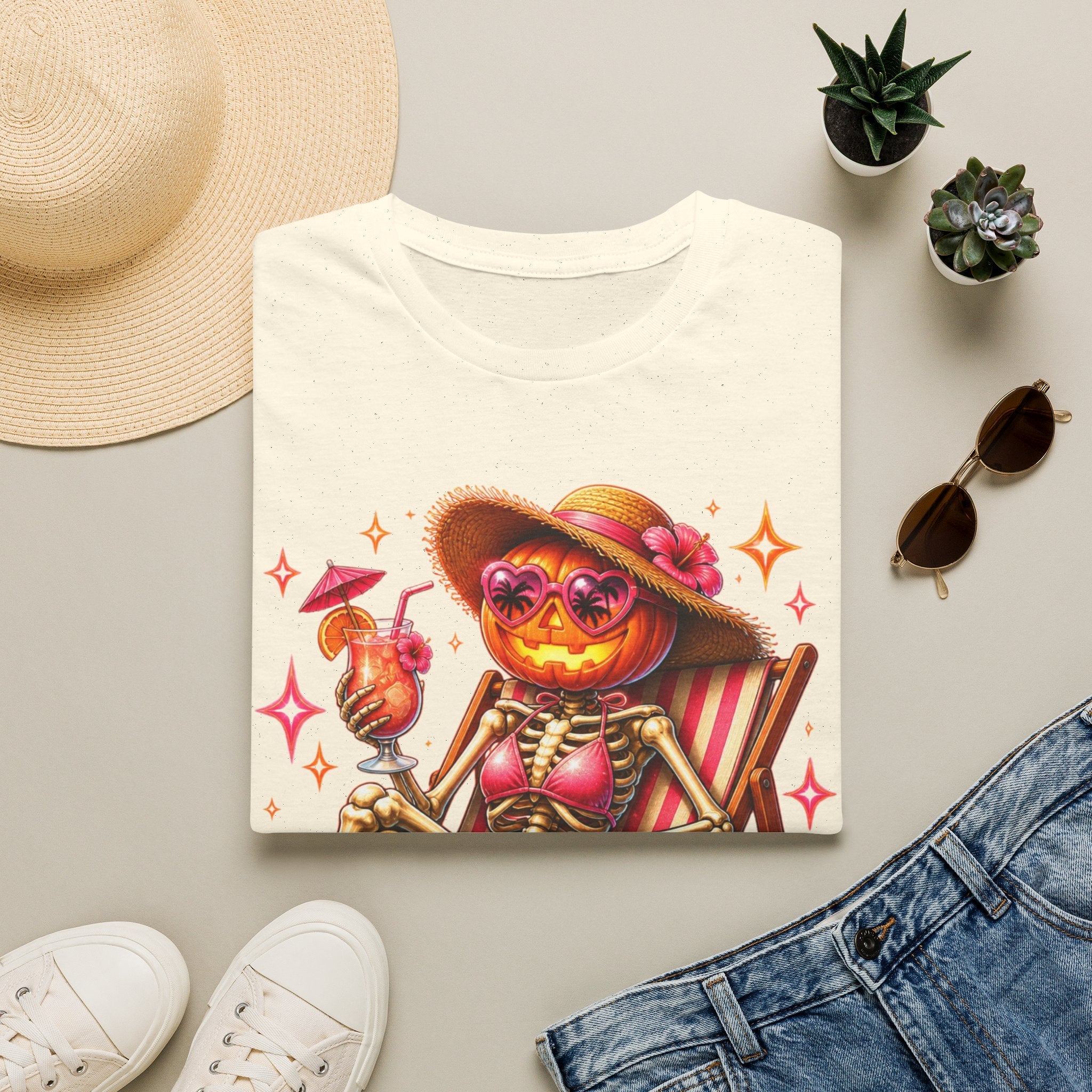 Summerween Vibes T-Shirt — Pumpkin Skeleton Beach Tee