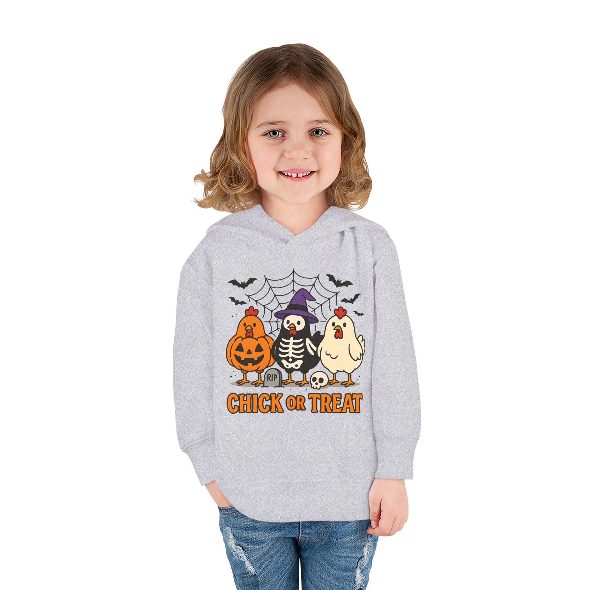 Toddler Halloween Pullover Hoodie – "Chick or Treat" Pumpkin Skeleton Chicken Kids Fleece