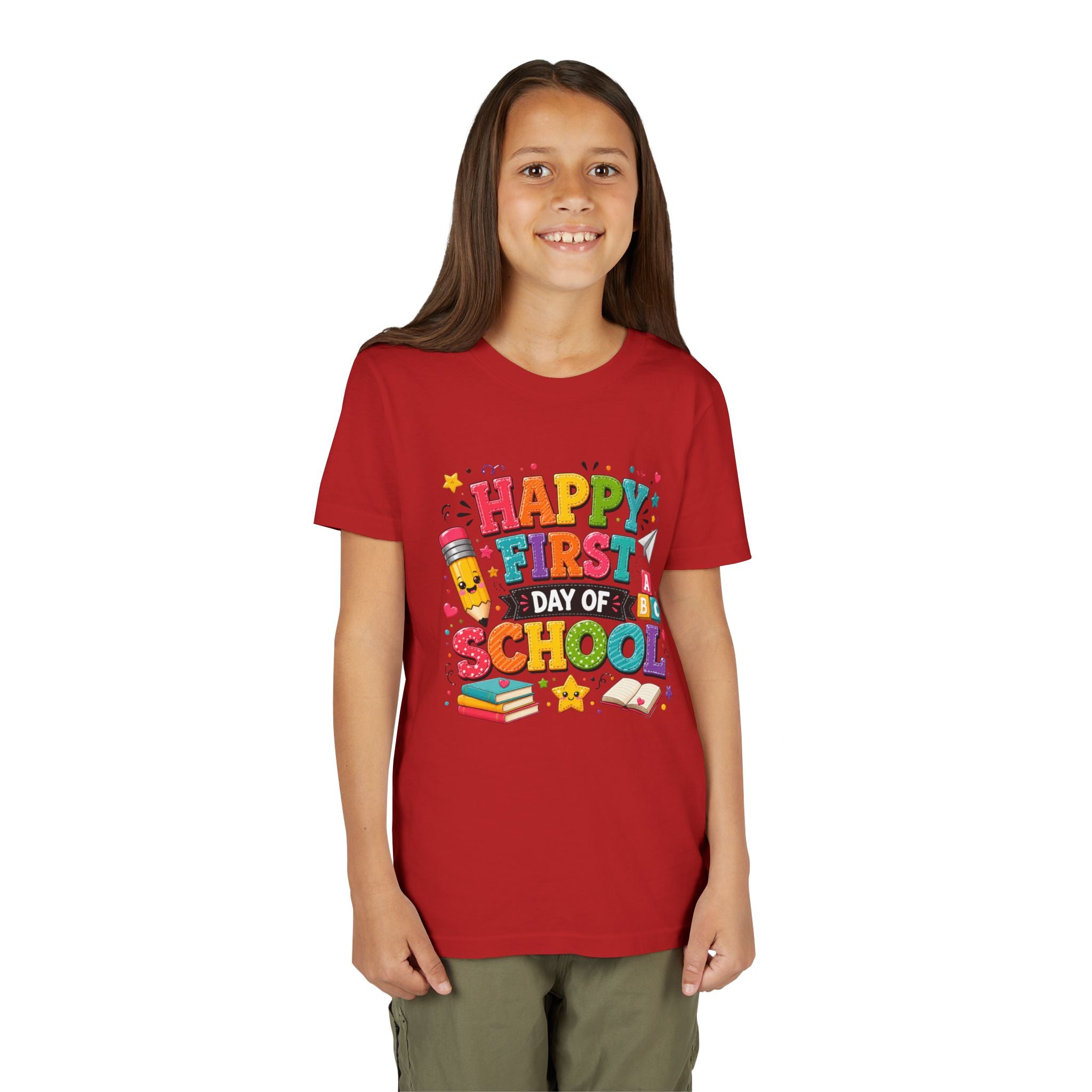 Youth Tee — "Happy First Day of School" Back-to-School Graphic Shirt