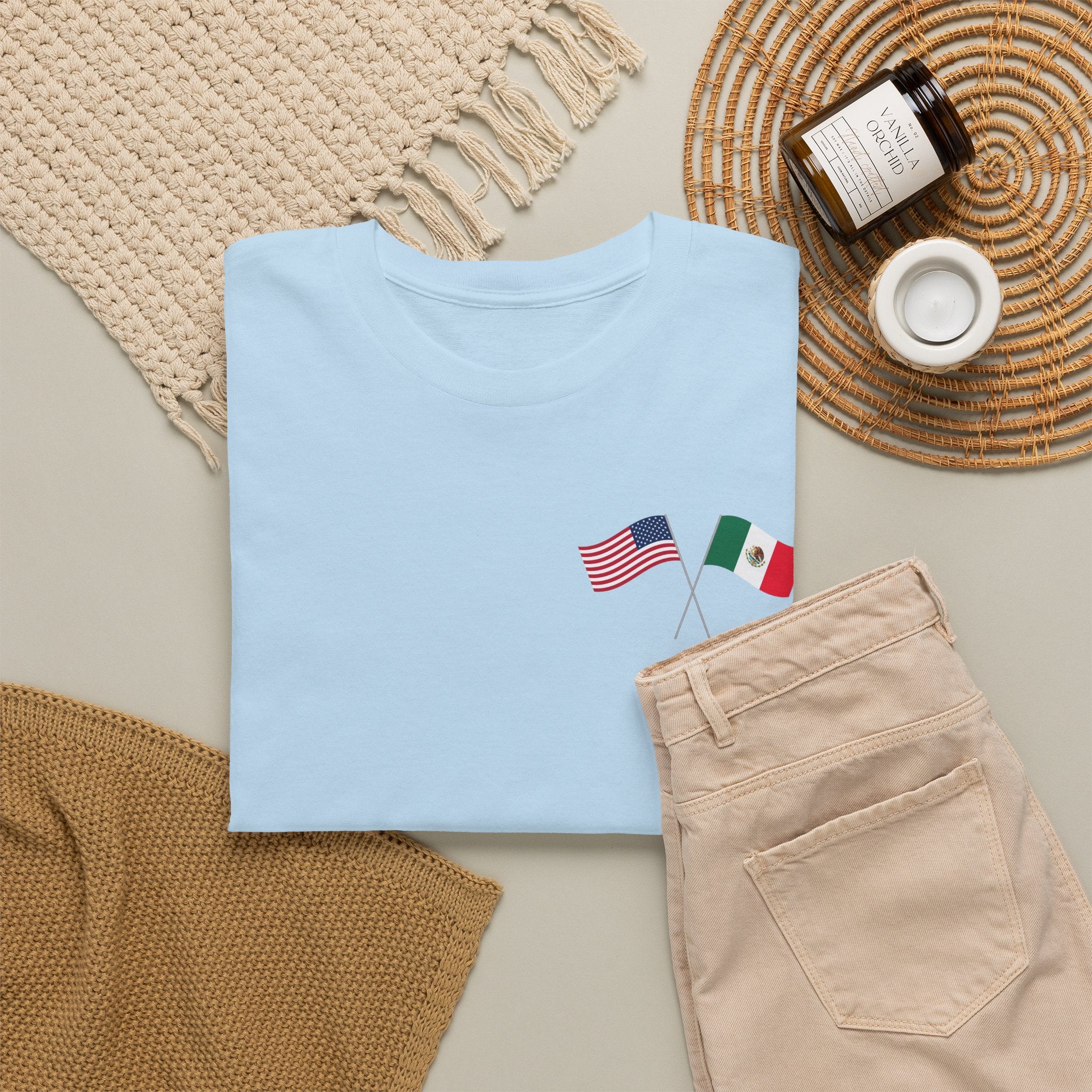 American & Italian Flag Tee with Vintage Rose Back — Patriotic Floral T-Shirt