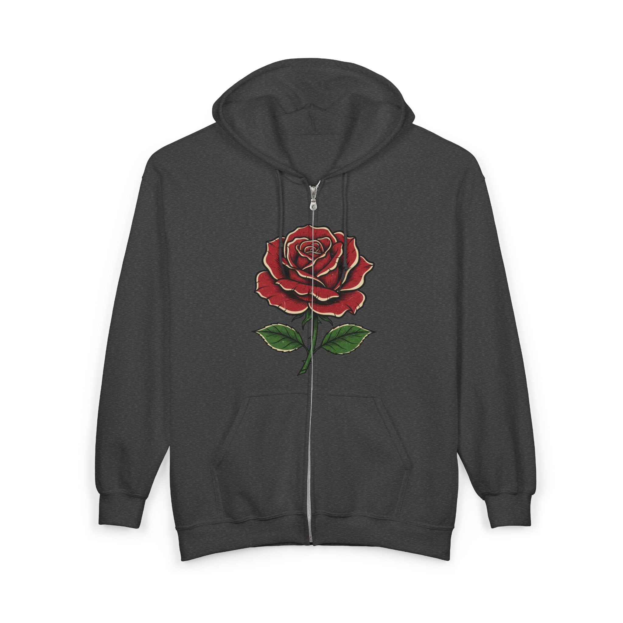 Red Rose Zip Hoodie — Vintage Floral Full-Zip Sweatshirt