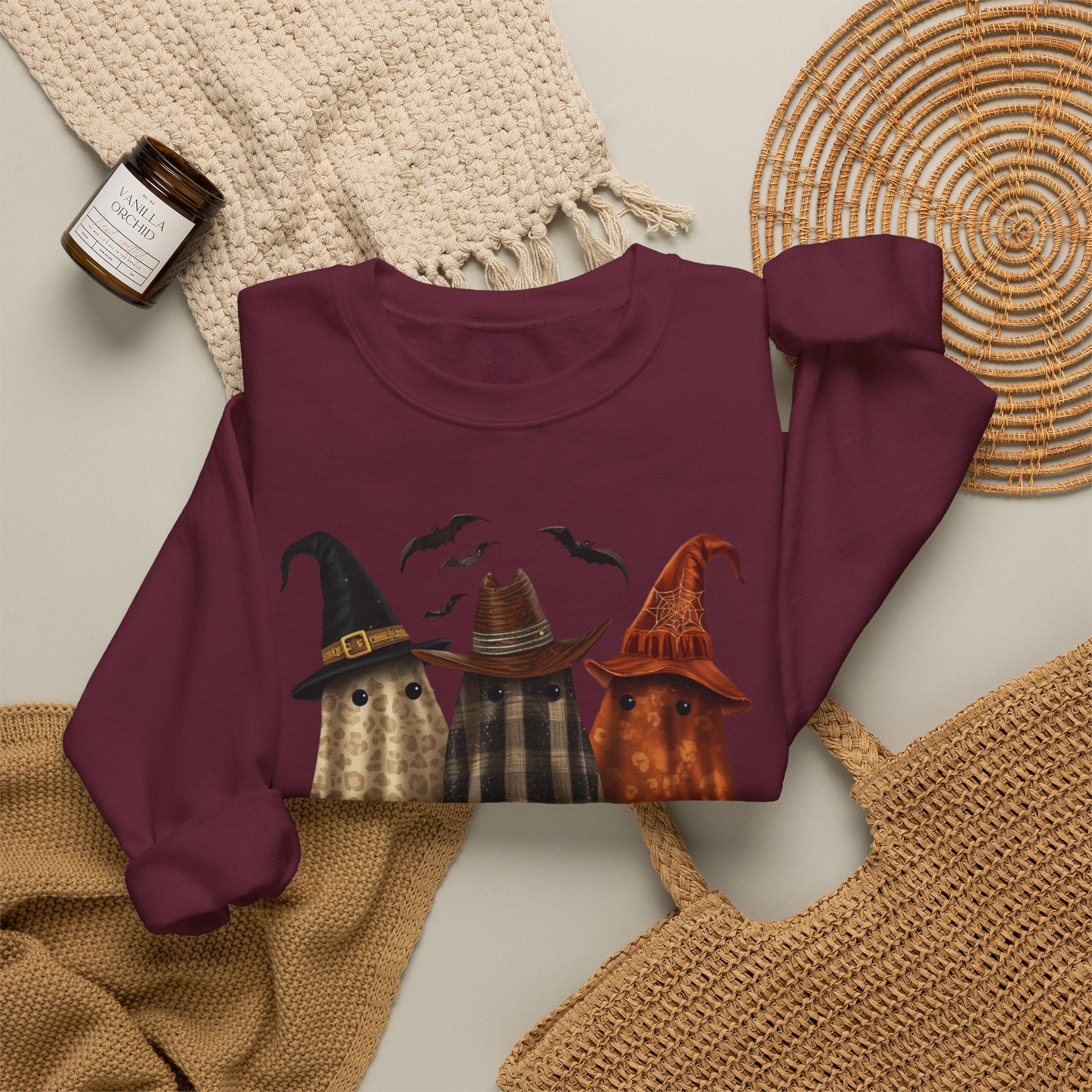 Halloween Witch Ghosts Crewneck Sweatshirt — Cozy Pumpkin & Bats Fall Graphic