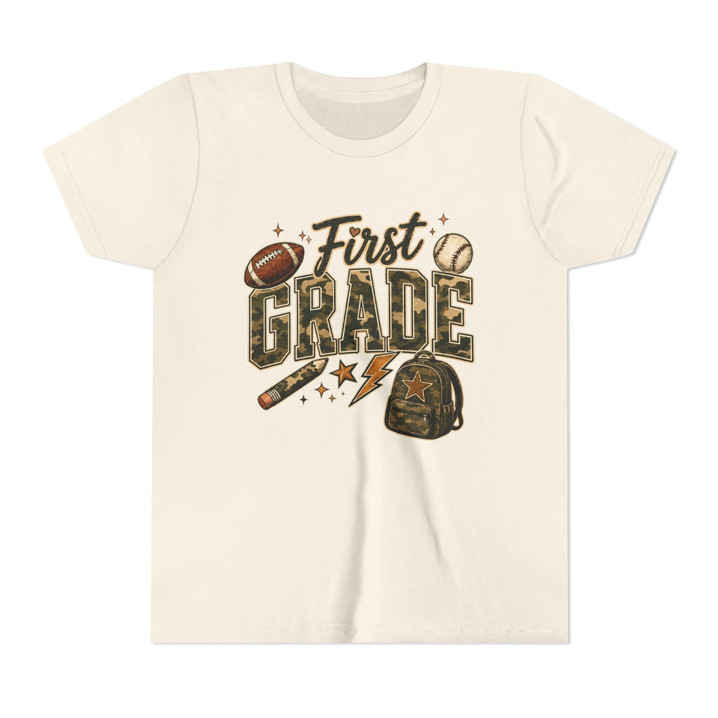 First Grade Kids T‑Shirt — Back to School Sports Backpack Design