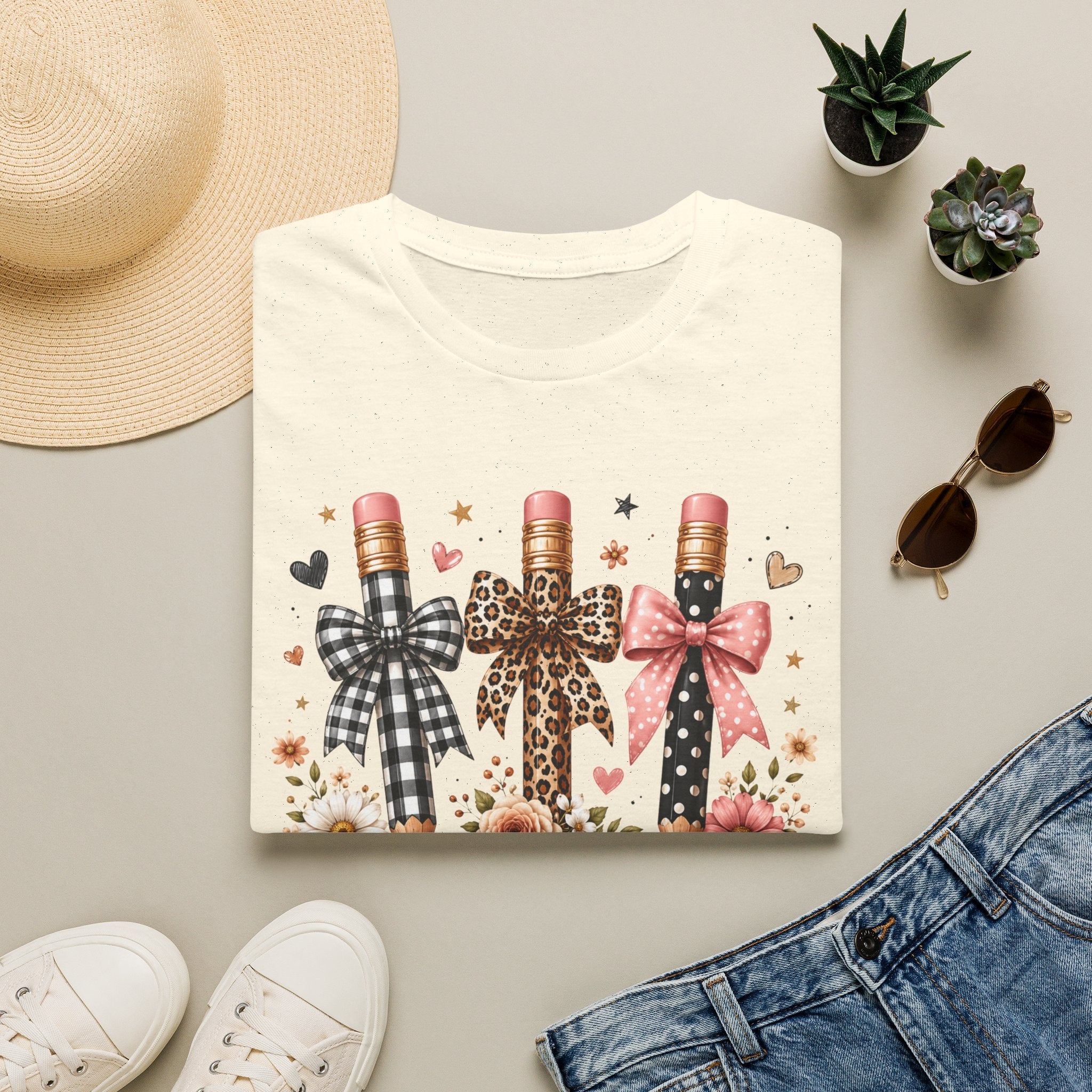 Teacher Pencil Bows T-Shirt — Cute Floral Teacher Appreciation Tee