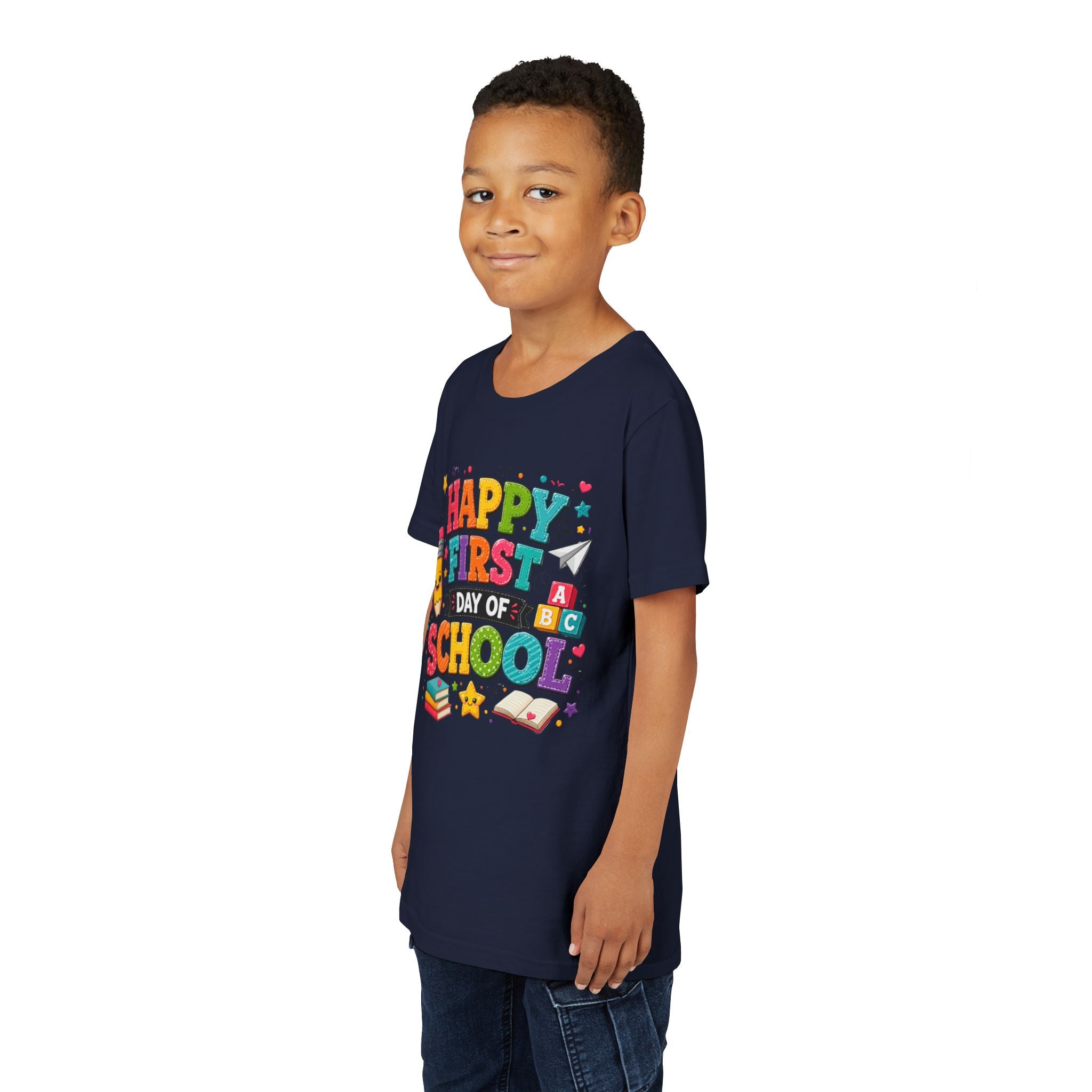 Youth Tee — "Happy First Day of School" Back-to-School Graphic Shirt