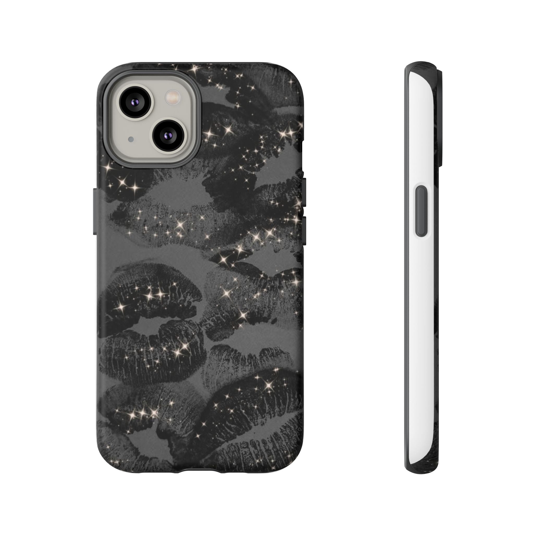 Black Glitter Kiss Phone Case — Sparkling Lip Print Protective Cover