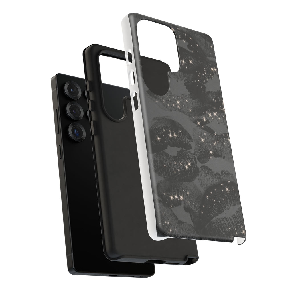 Black Glitter Kiss Phone Case — Sparkling Lip Print Protective Cover