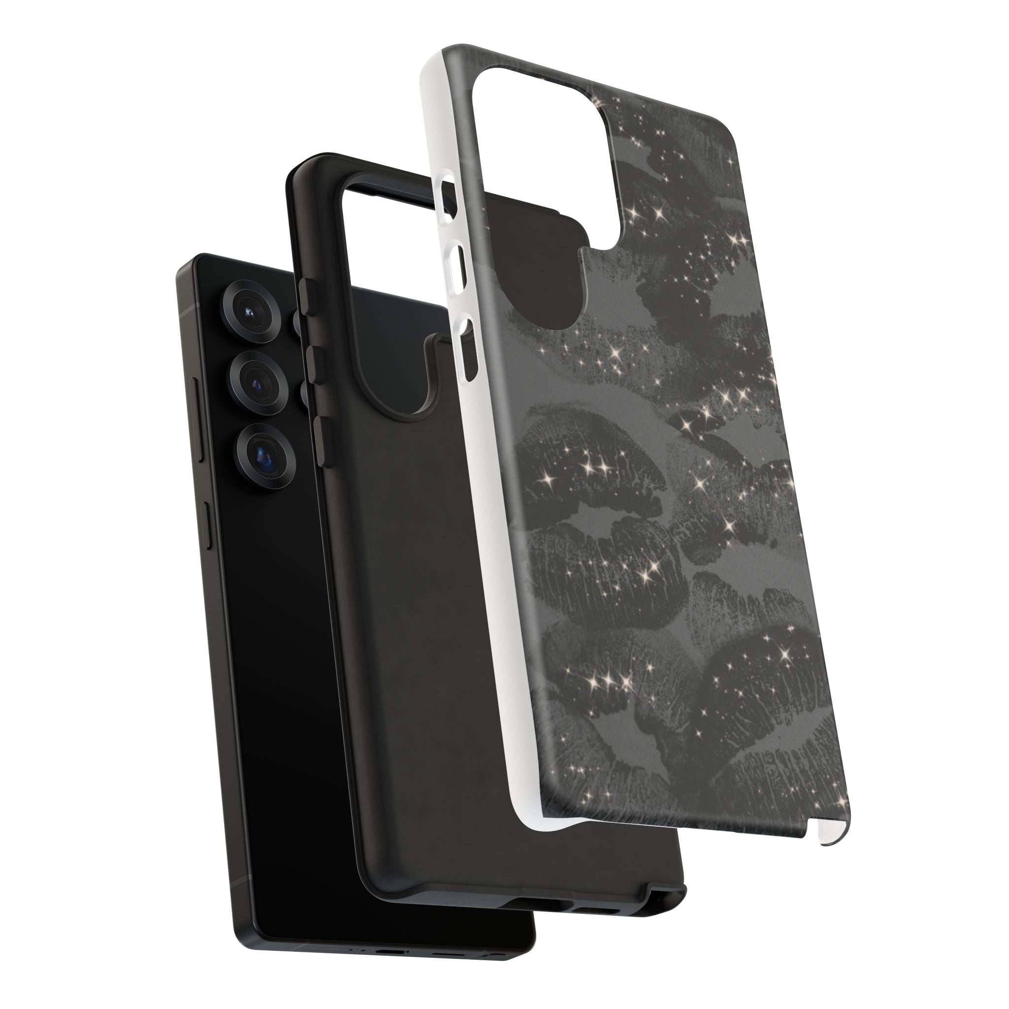 Black Glitter Kiss Phone Case — Sparkling Lip Print Protective Cover