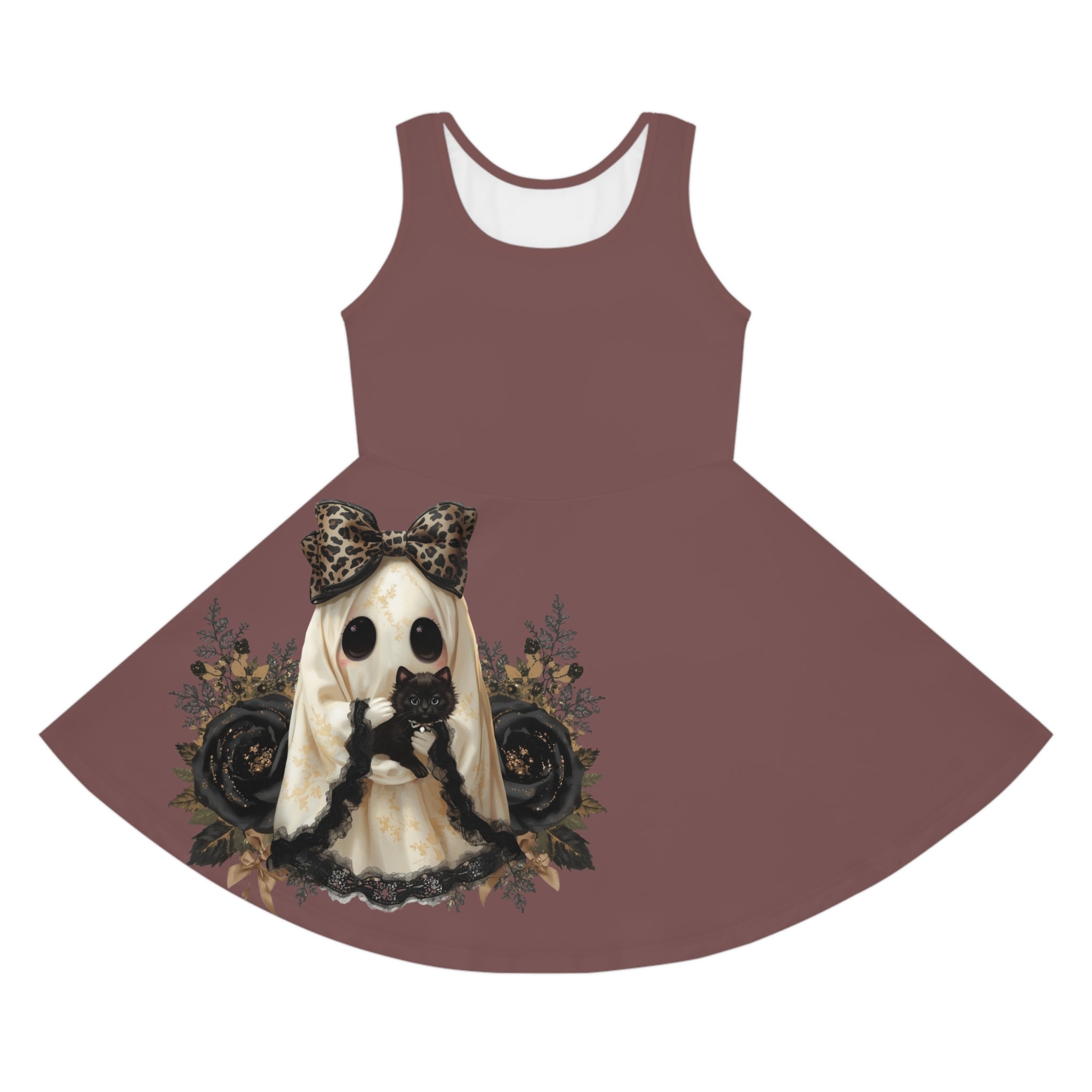 Girls' Sleeveless Dress — Cute Gothic Ghost with Leopard Bow AOP