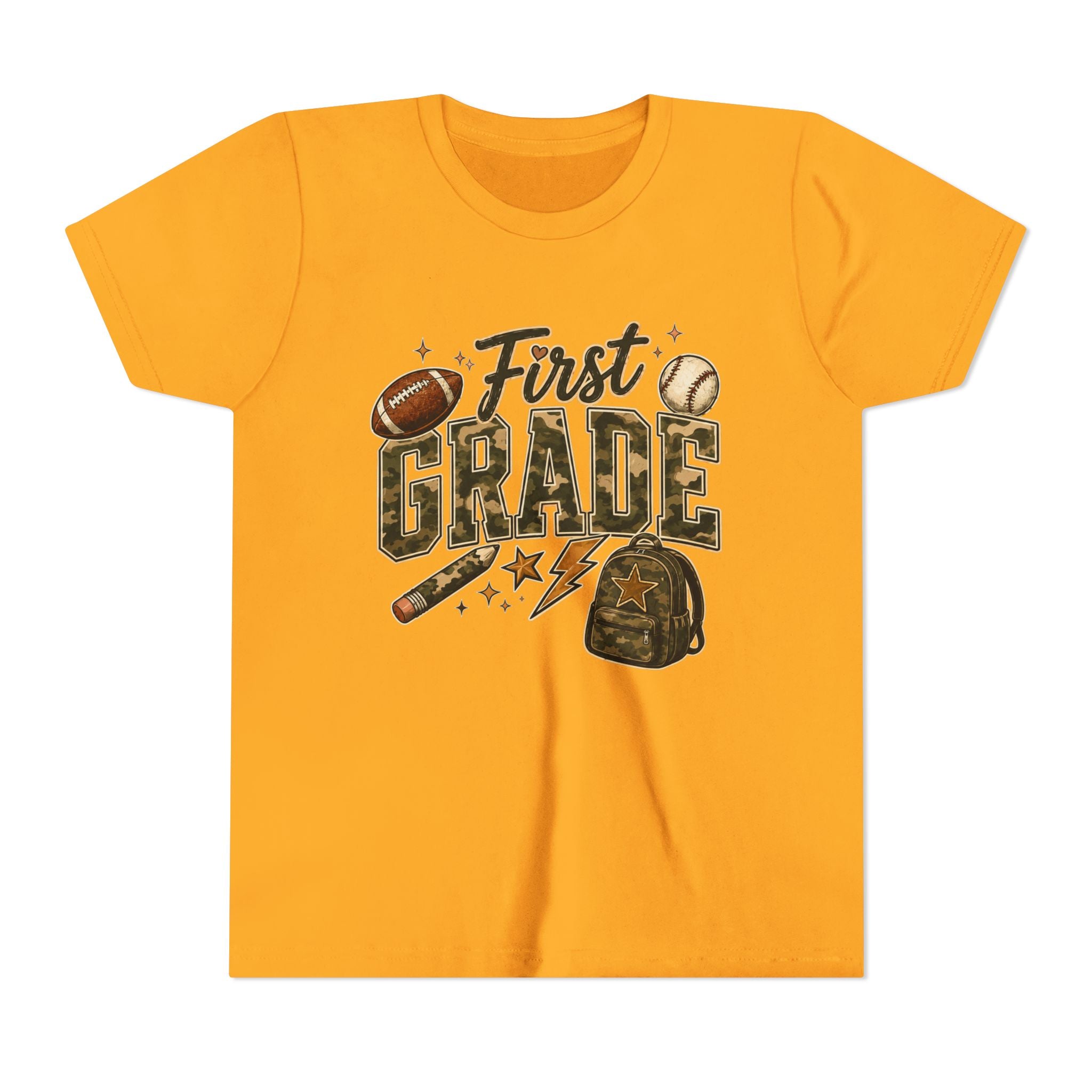 First Grade Kids T‑Shirt — Back to School Sports Backpack Design