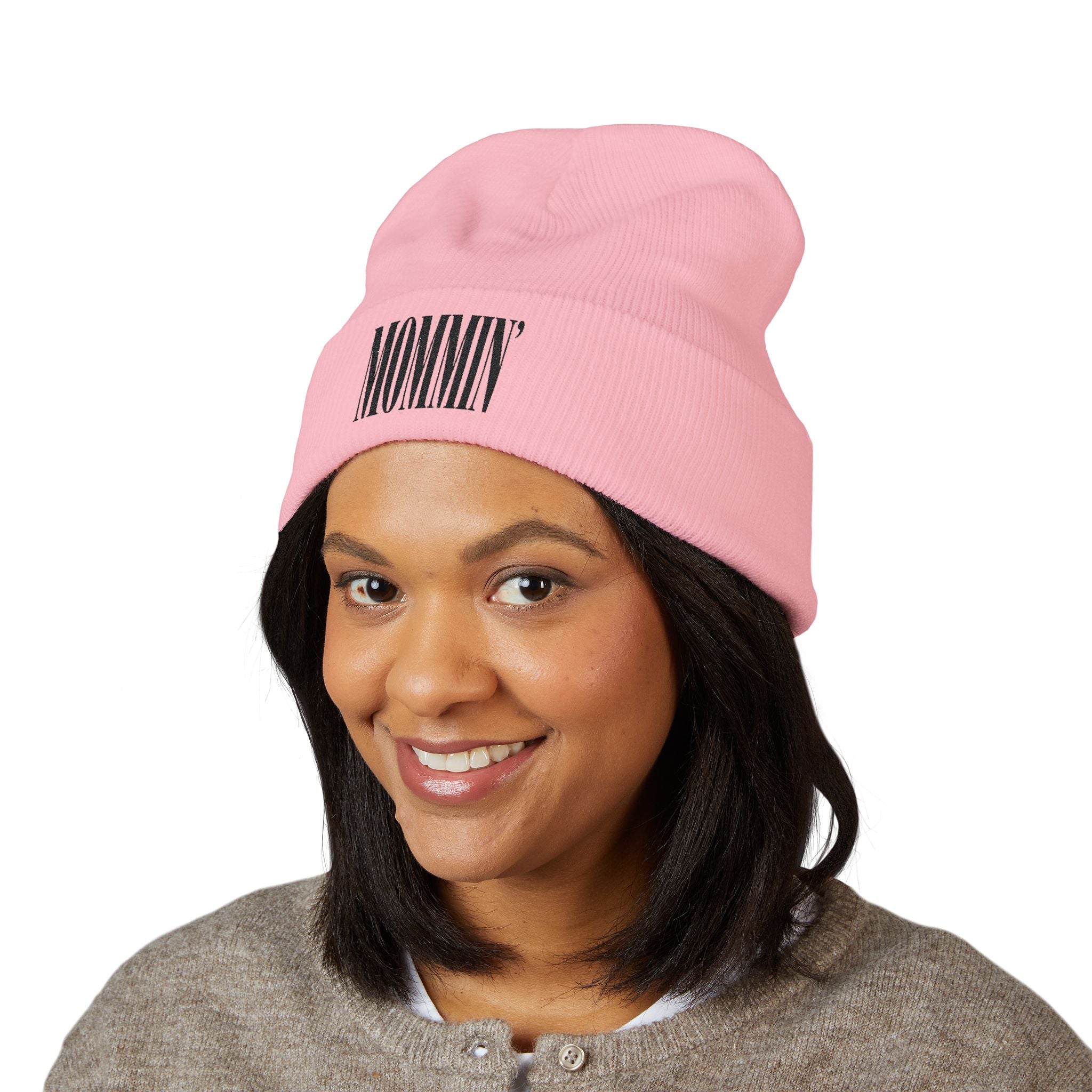 Embroidered "Mommin'" Cuffed Beanie — Cozy Knit Mom Hat