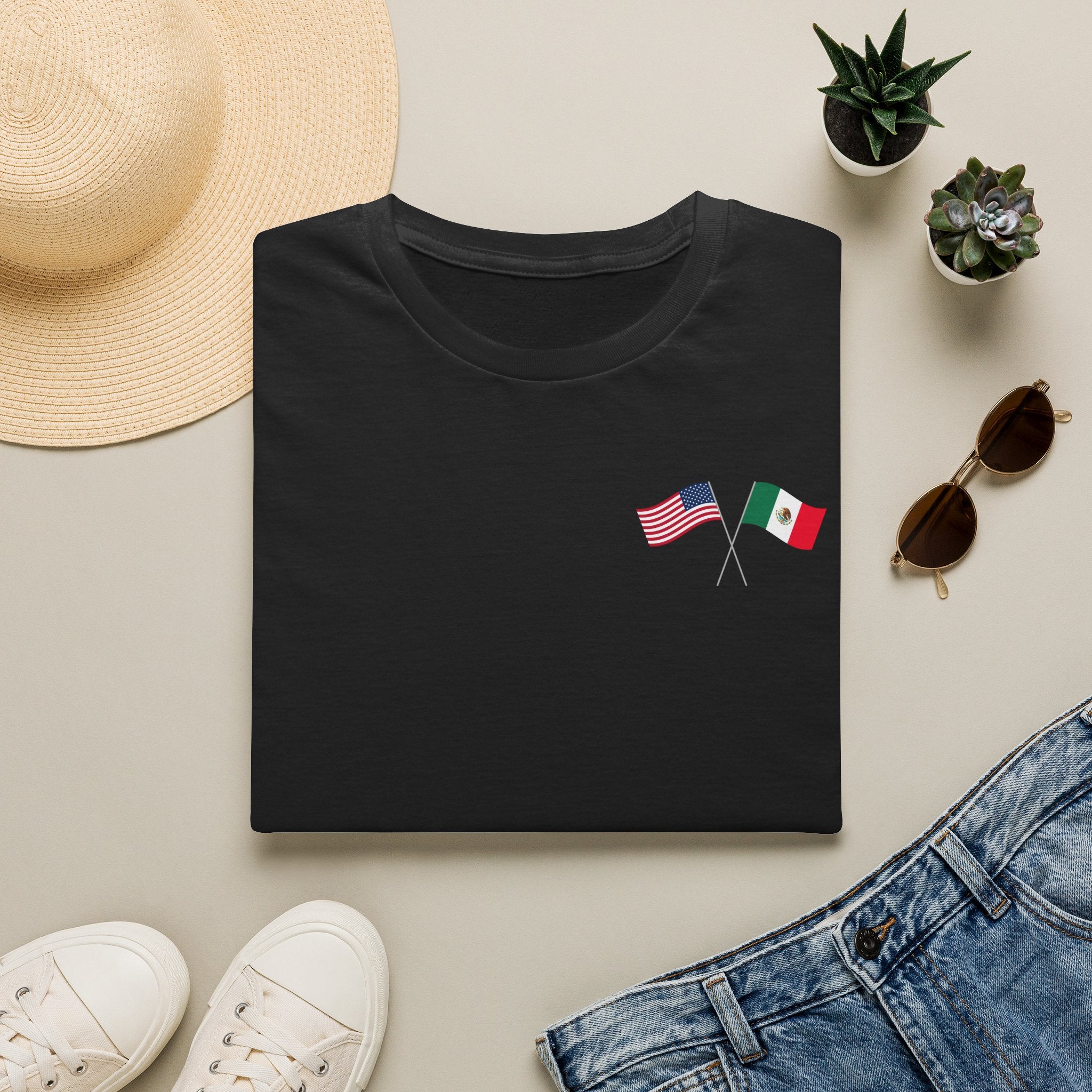 USA Mexico Flag T-Shirt — Small Crossed American & Mexican Flags Tee