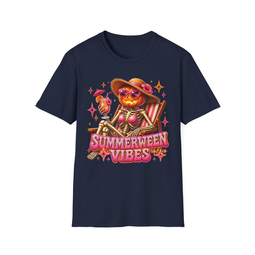 Summerween Vibes T-Shirt — Pumpkin Skeleton Beach Tee