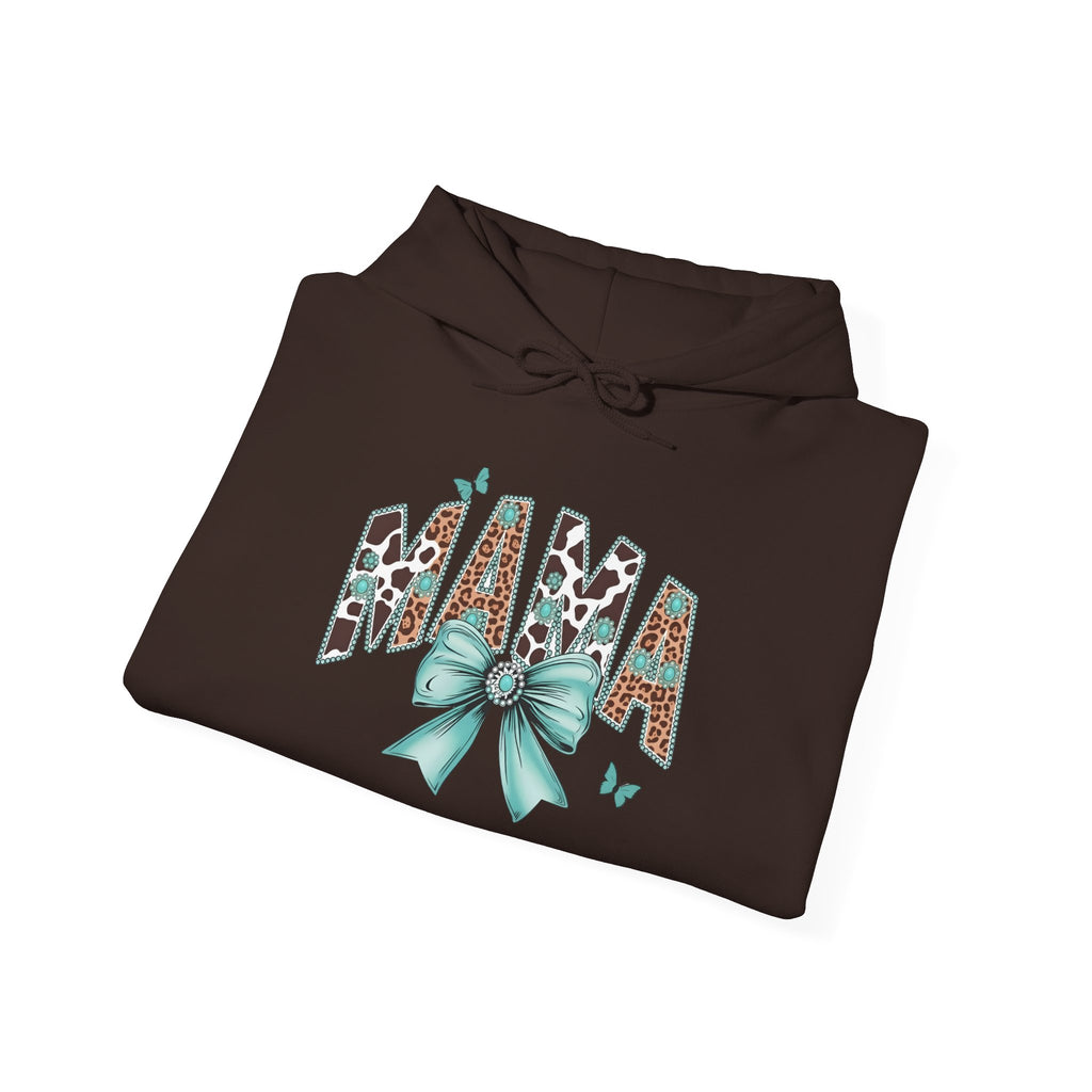 Mama Leopard Letters teal bow Hoodie | Cow print back panel, sleeve bows