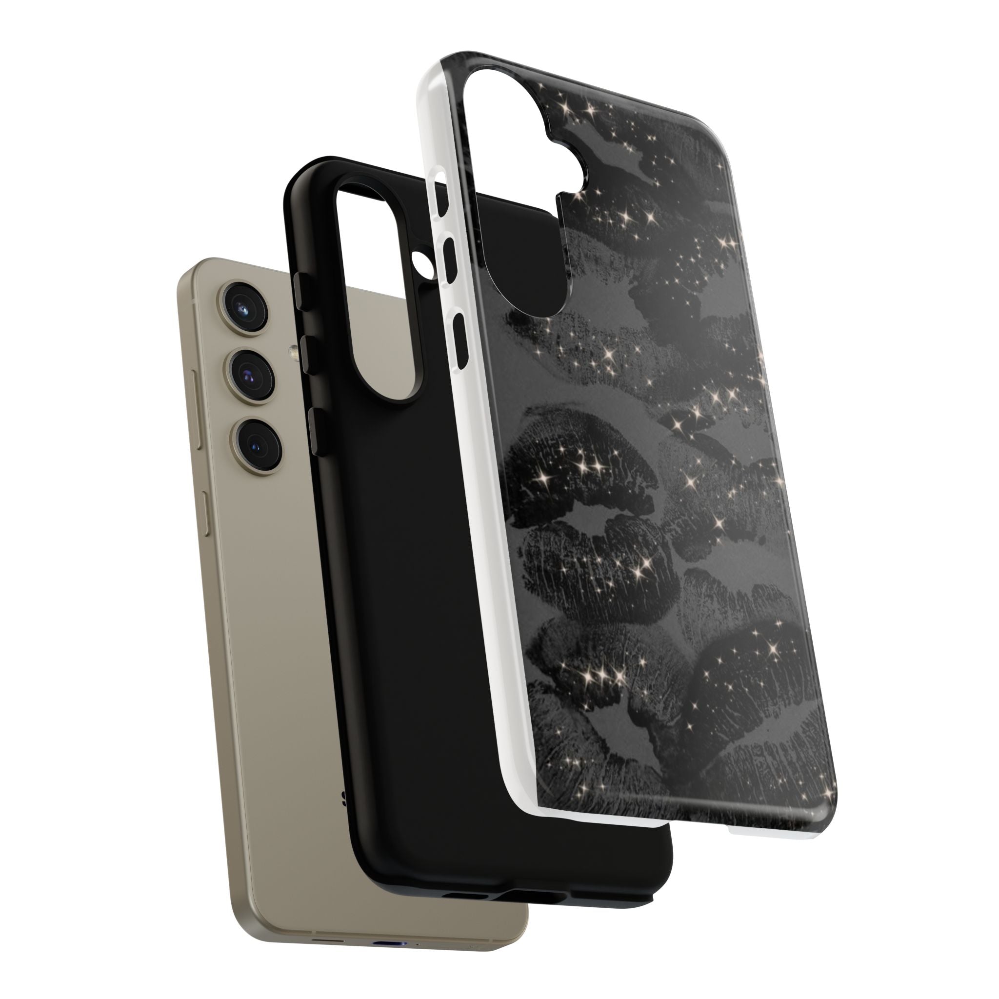 Black Glitter Kiss Phone Case — Sparkling Lip Print Protective Cover