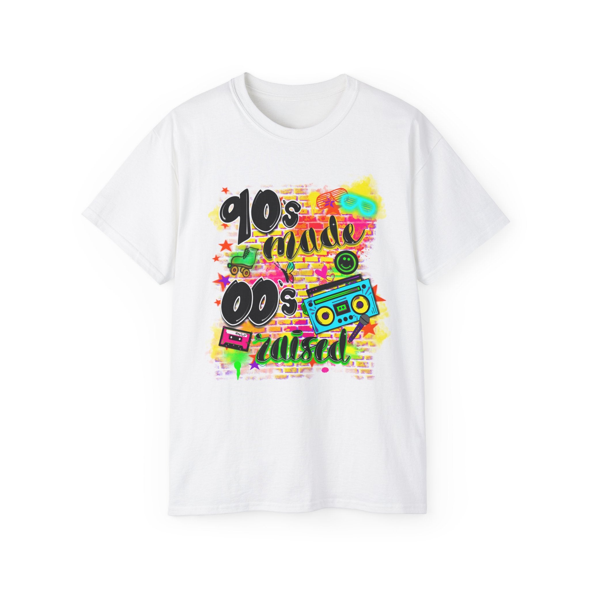 90s Made 00s Raised T-Shirt — Neon Retro Boombox Graphic Tee