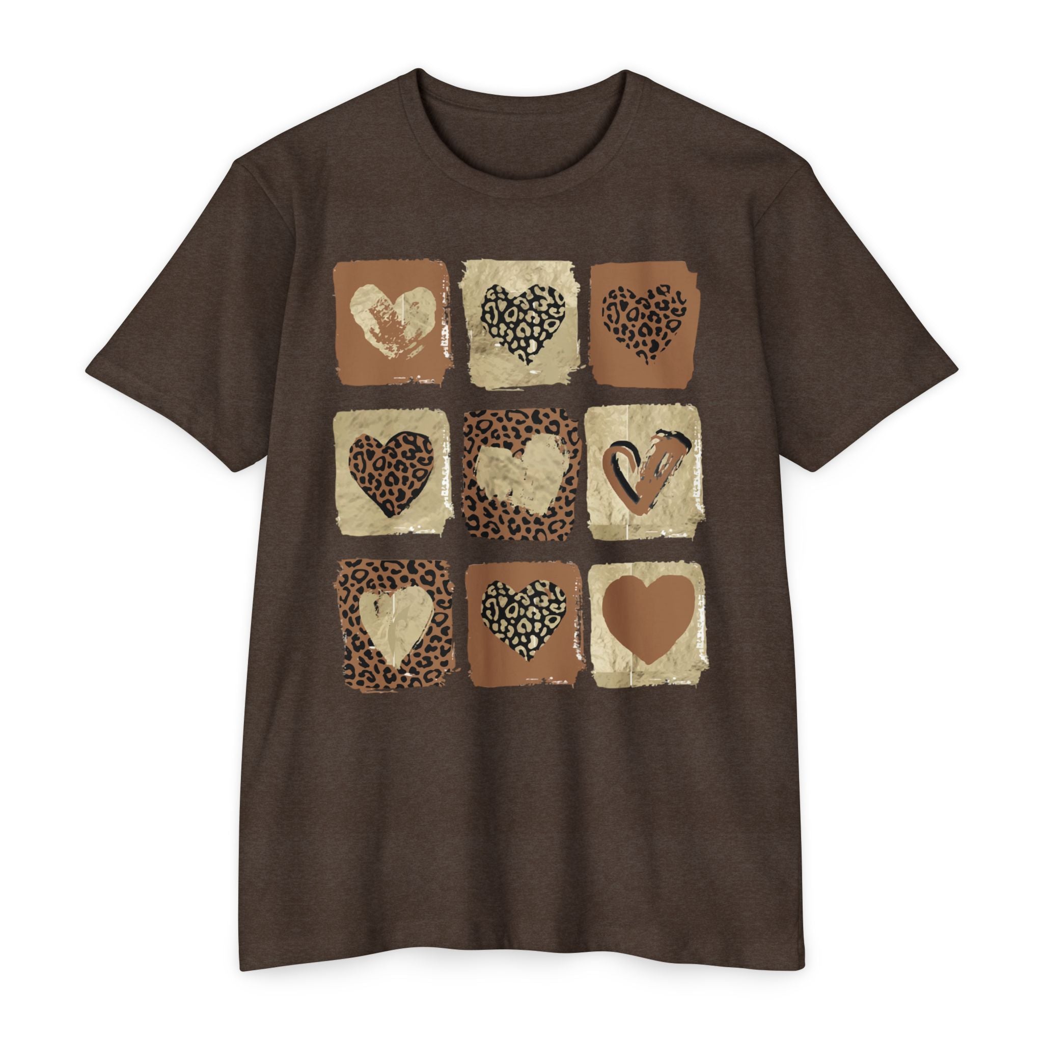 Leopard Hearts T‑Shirt — Neutral Animal Print Heart Grid Tee