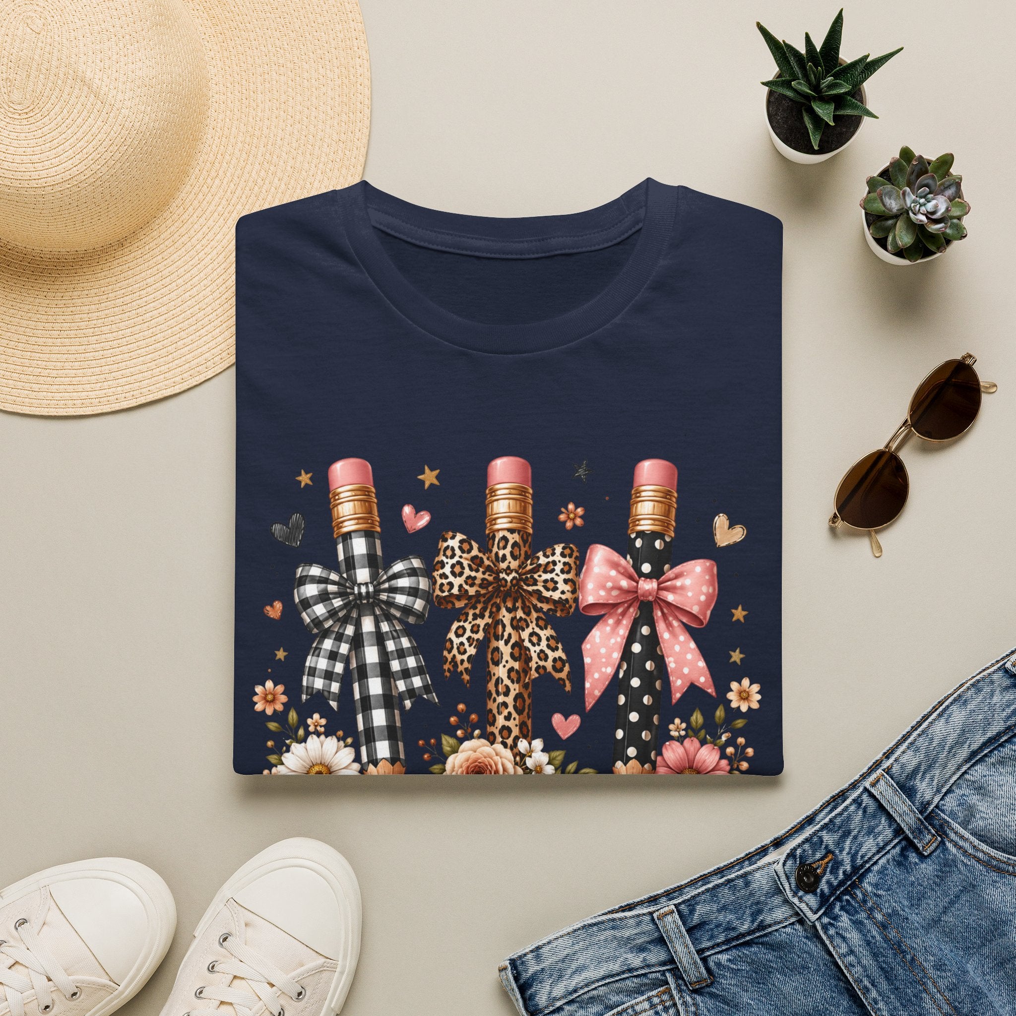Teacher Pencil Bows T-Shirt — Cute Floral Teacher Appreciation Tee