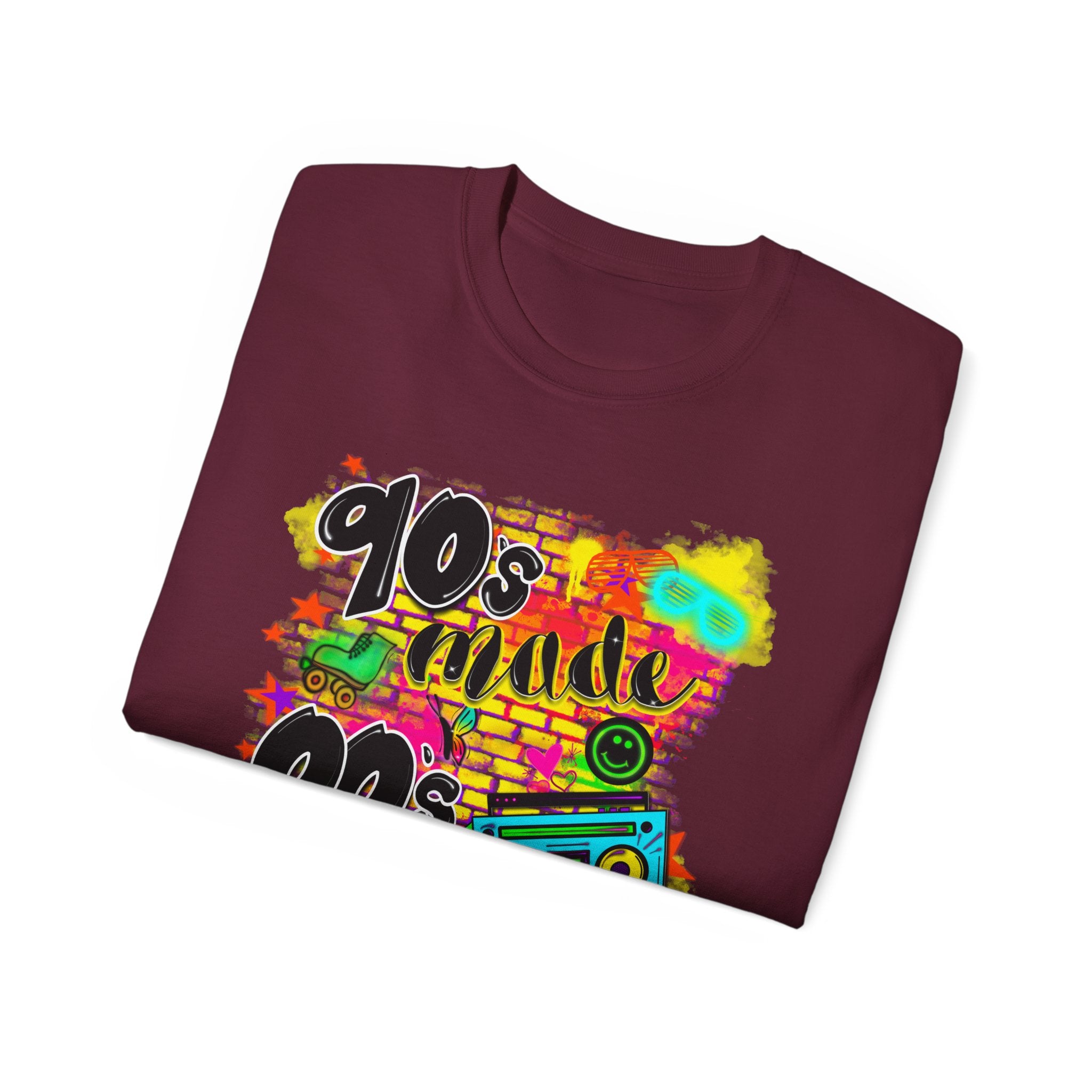 90s Made 00s Raised T-Shirt — Neon Retro Boombox Graphic Tee