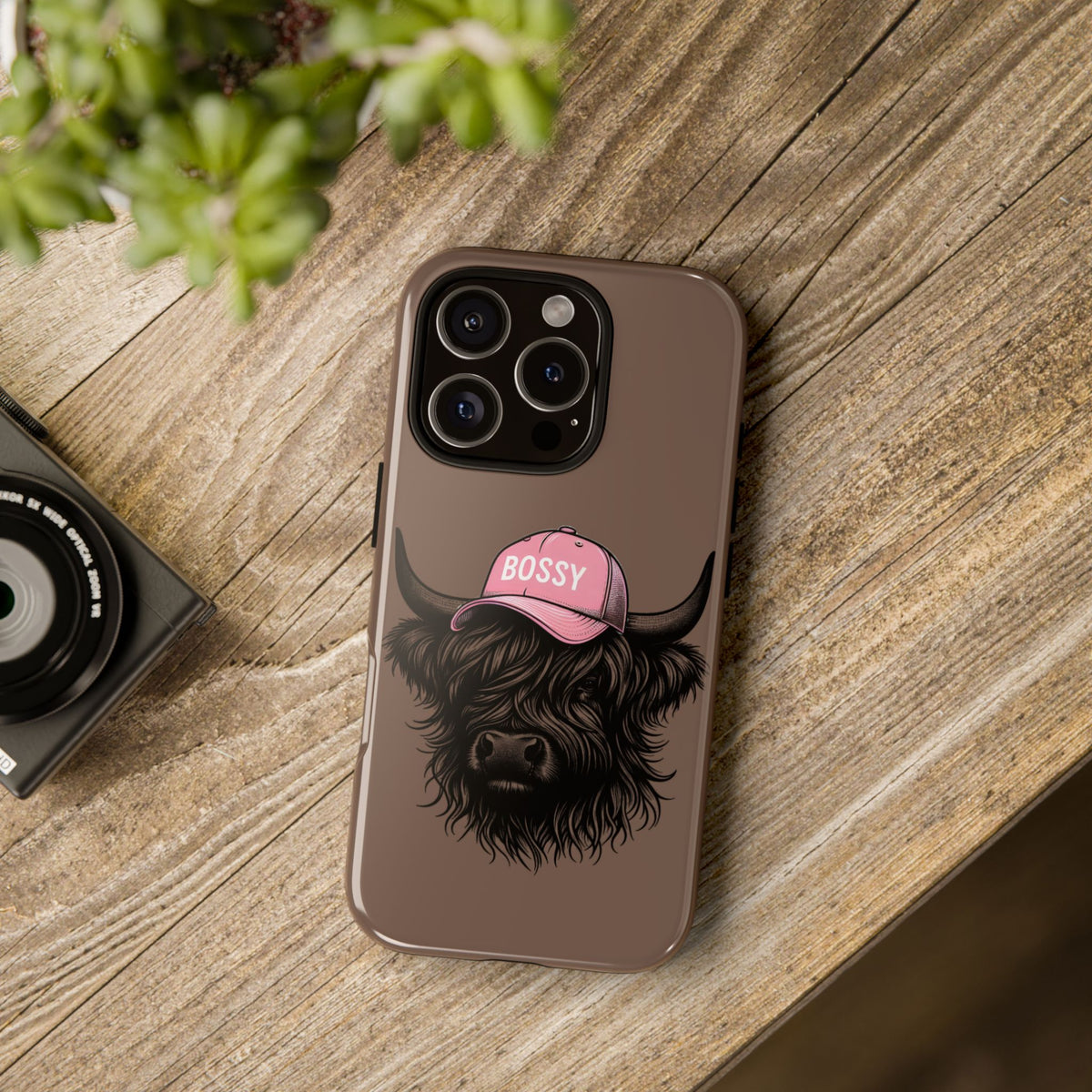Phone Case — Highland Cow Wearing 'BOSSY' Pink Hat, Cute Farm Animal Protective Cover