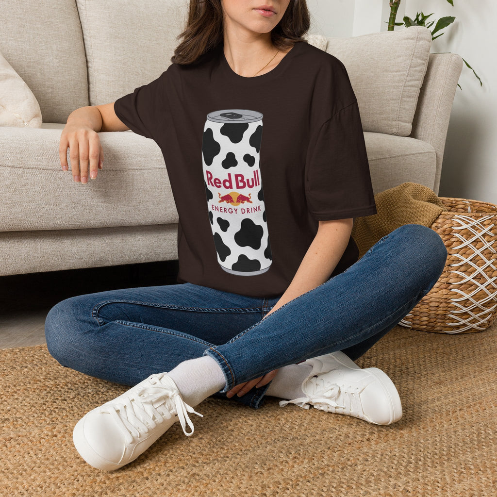 Red Bull Cow Print T-Shirt — Funny Energy Drink Graphic Tee