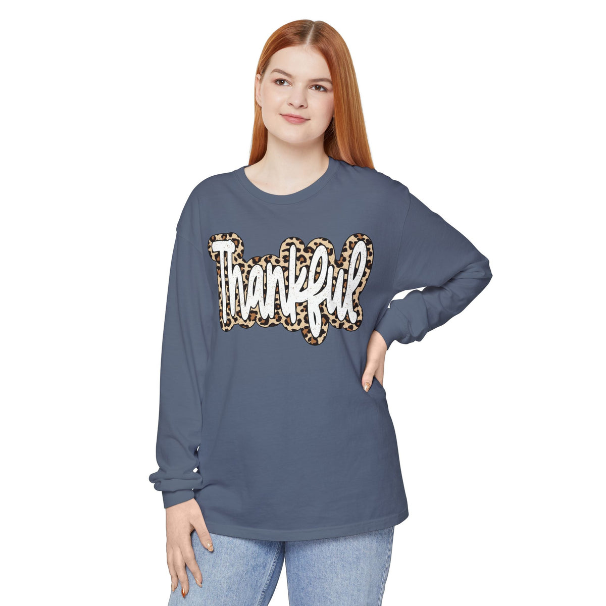 Thankful Leopard Print Long Sleeve T-Shirt | Thanksgiving Fall