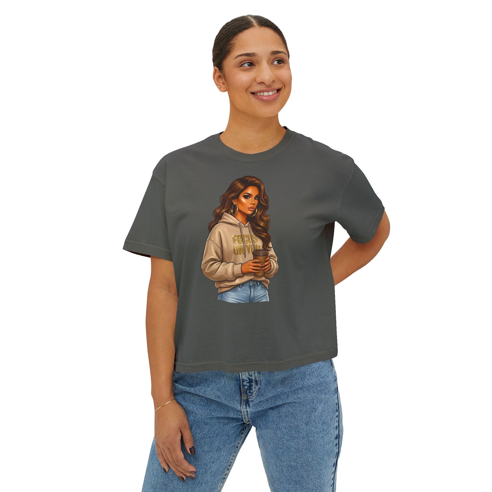 Women's Boxy Tee — Cozy Coffee Girl Graphic Crop T-Shirt