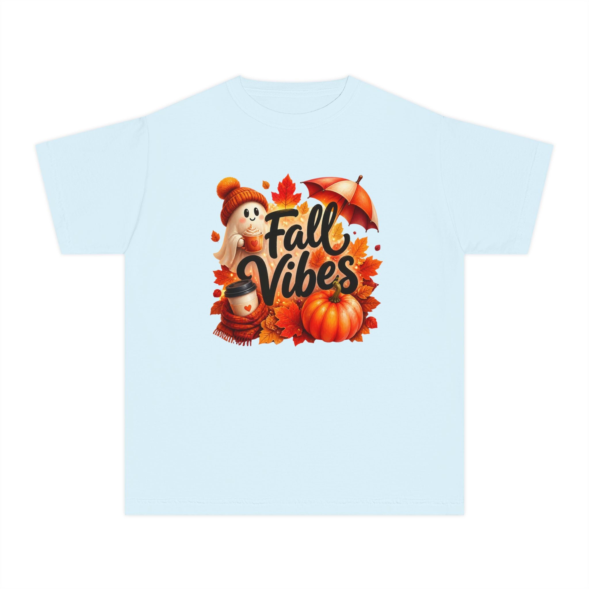 Fall Vibes Youth Tee — Cute Pumpkin, Leaves & Scarecrow Autumn Shirt