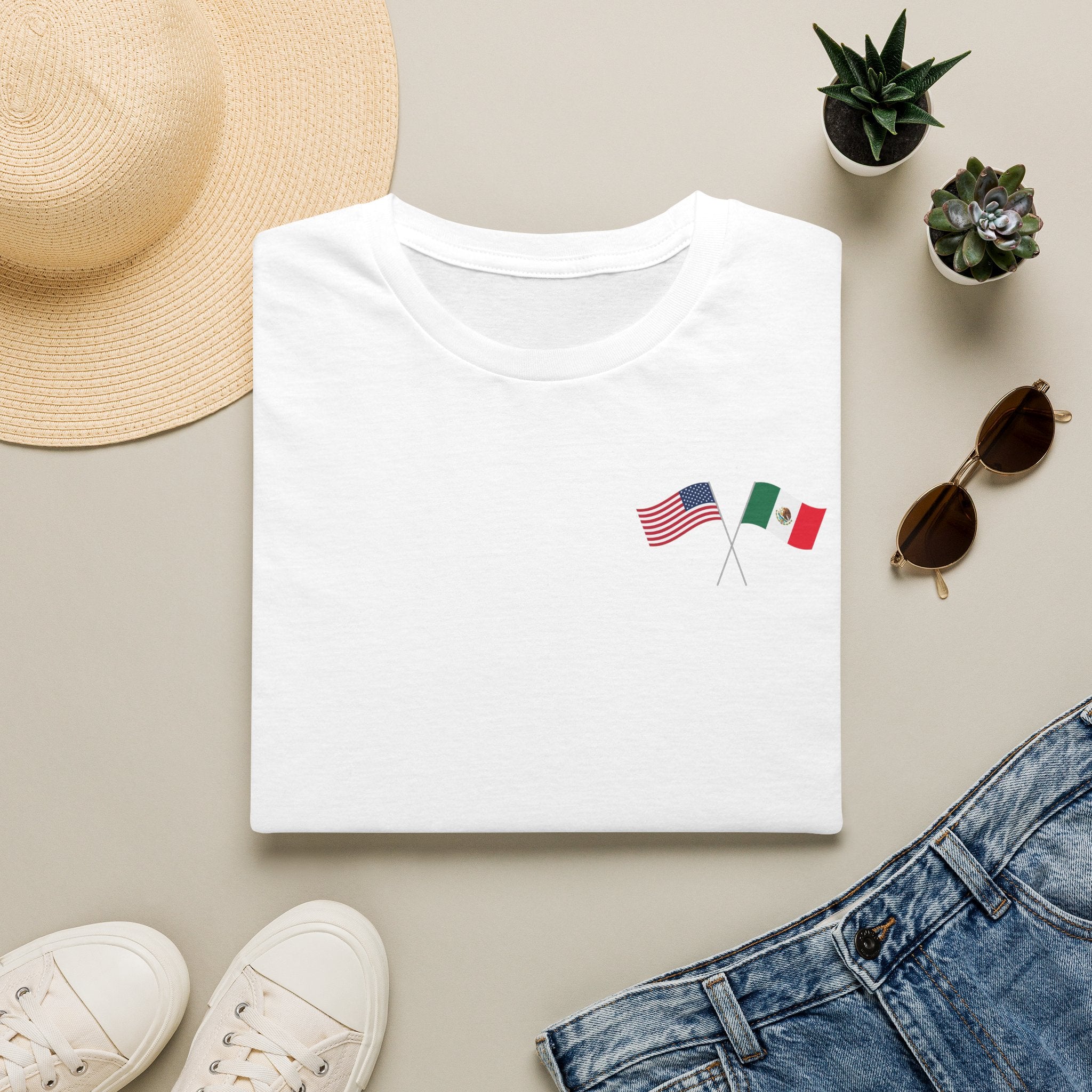 USA Mexico Flag T-Shirt — Small Crossed American & Mexican Flags Tee