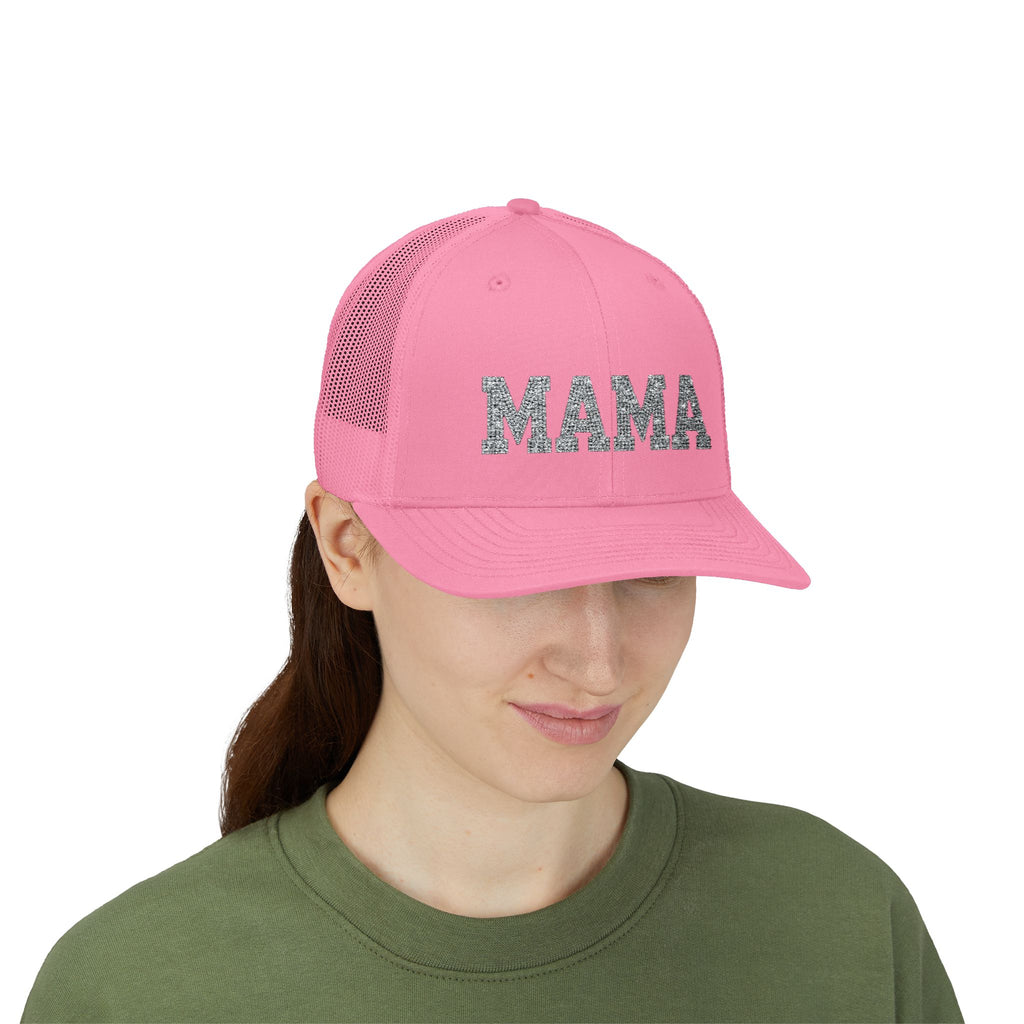 Mama Snapback Trucker Cap — Glitter Script "MAMA" Mesh Back Hat for Moms, Mother's Day Gift