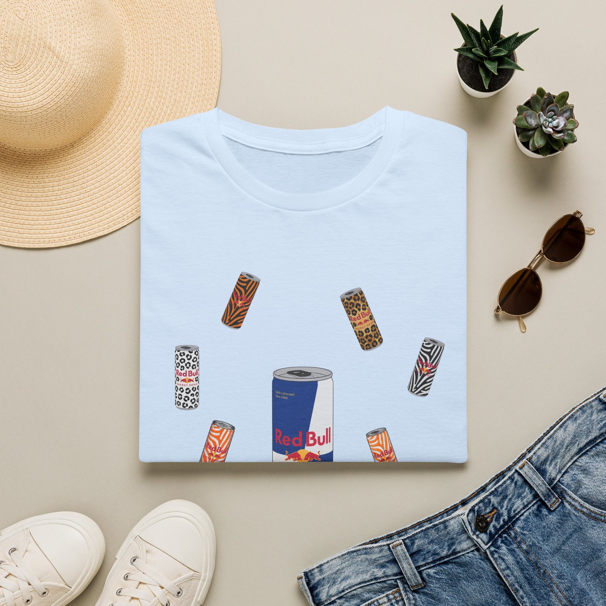 Energy Drink & Lip Balm Graphic T-Shirt — Playful Red Bull Design