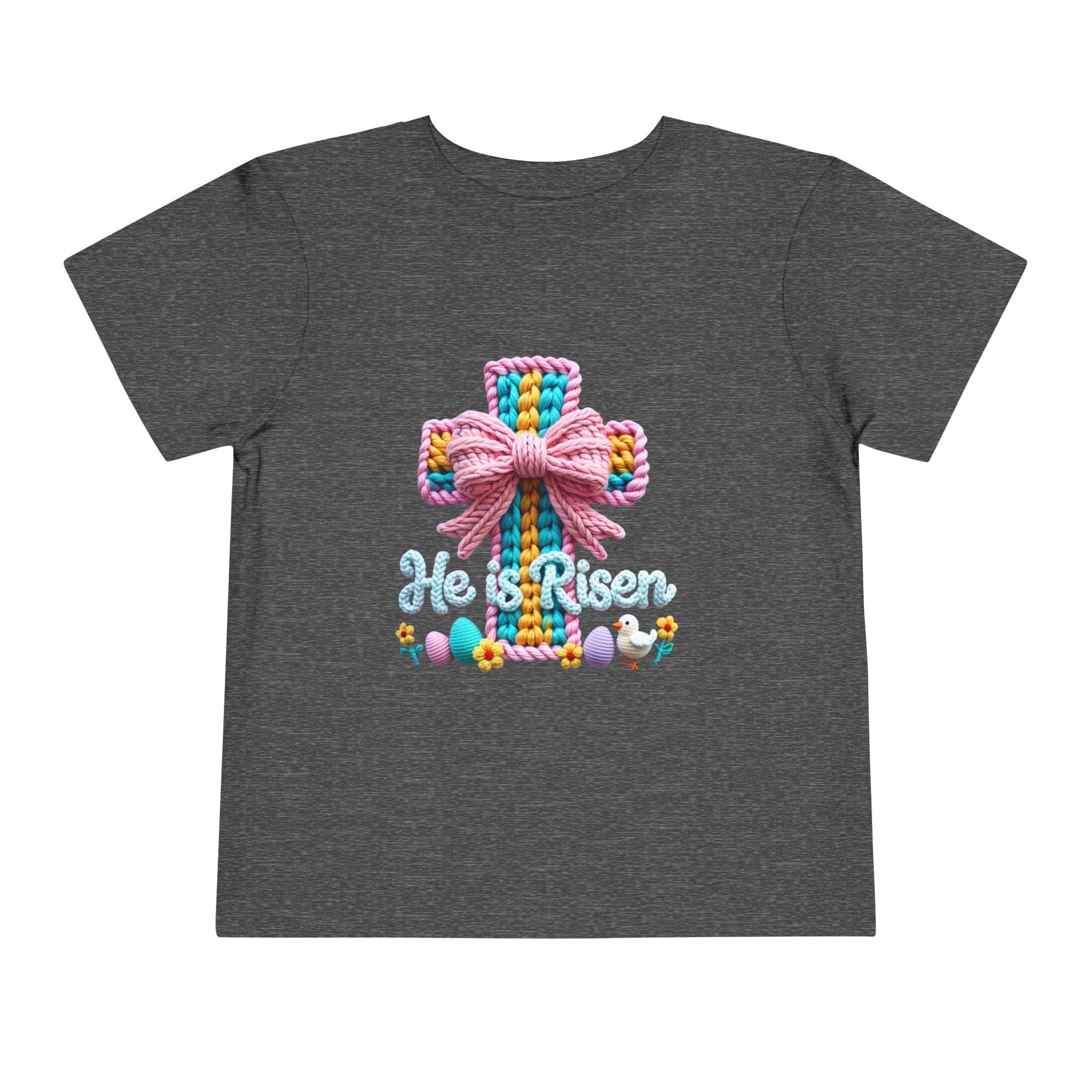 Easter Cross Toddler Tee — Colorful Knit Cross with "He is Risen" & Easter Eggs