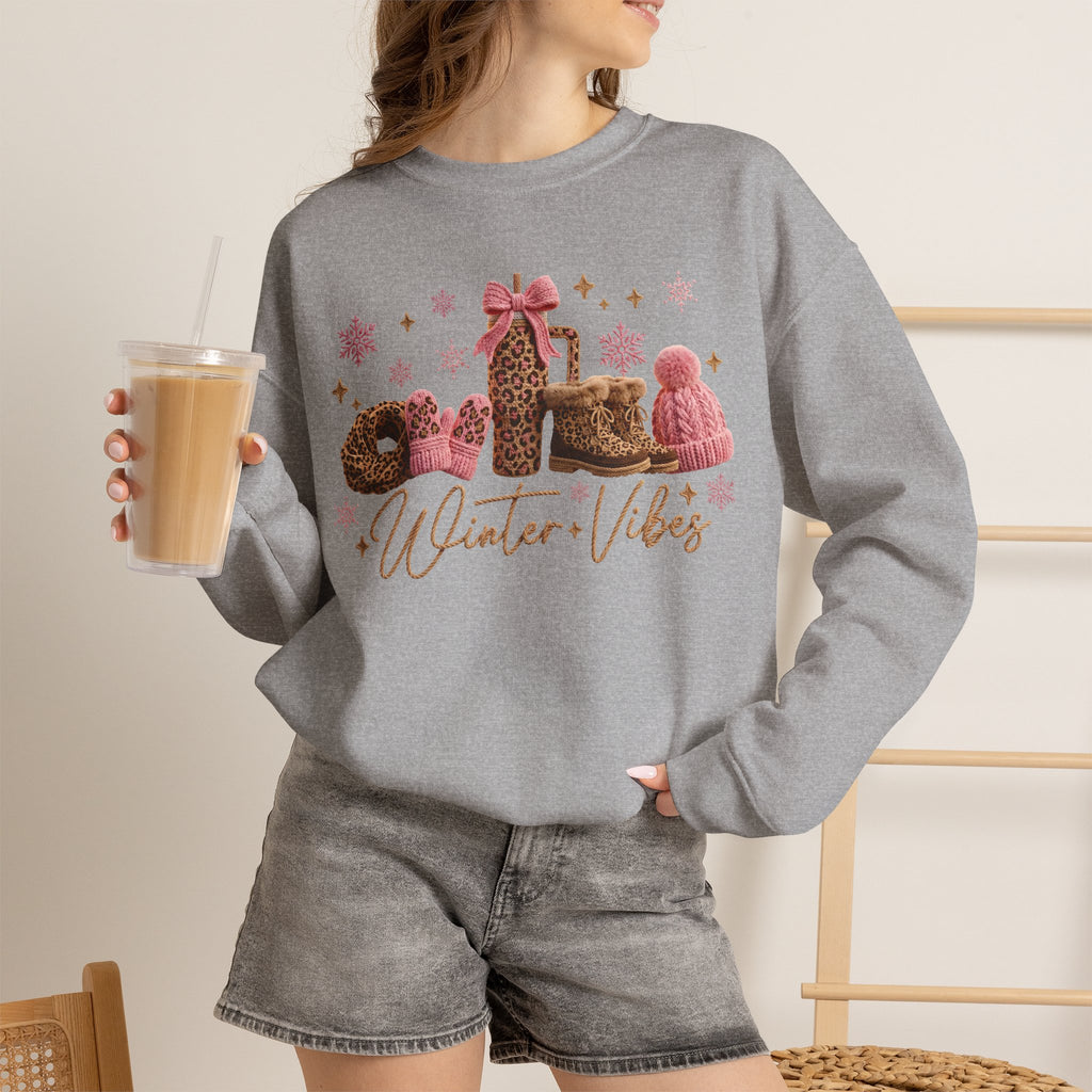 Crewneck Sweatshirt — 'Winter Vibes' Cozy Leopard Print Holiday Design
