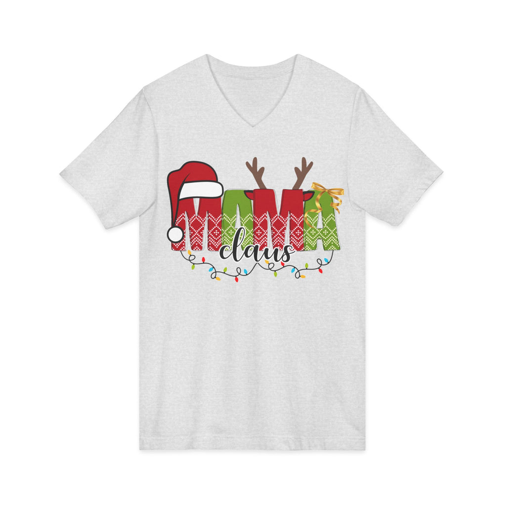 Mom Claus V-Neck Tee — Christmas Holiday Family Graphic Shirt