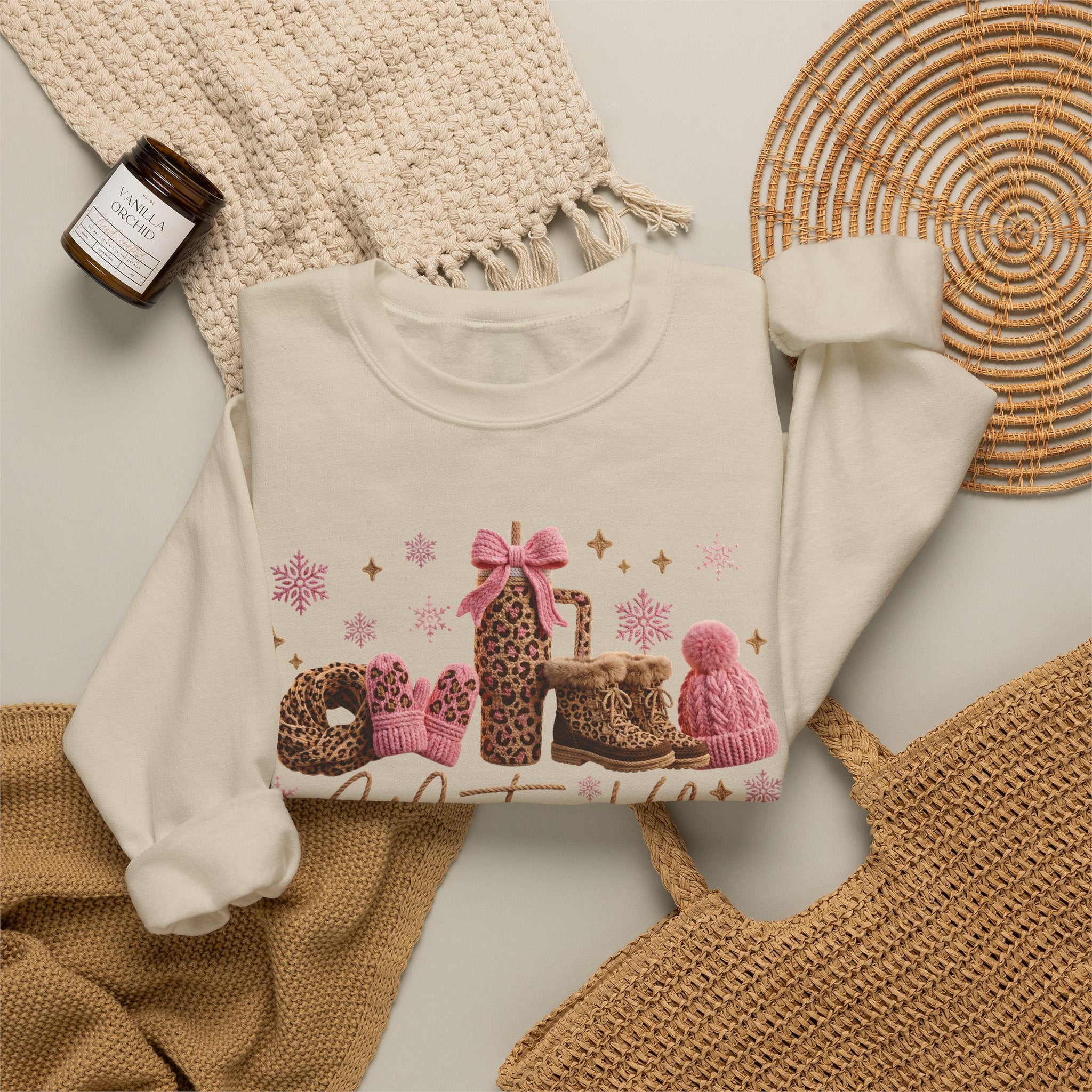 Crewneck Sweatshirt — 'Winter Vibes' Cozy Leopard Print Holiday Design