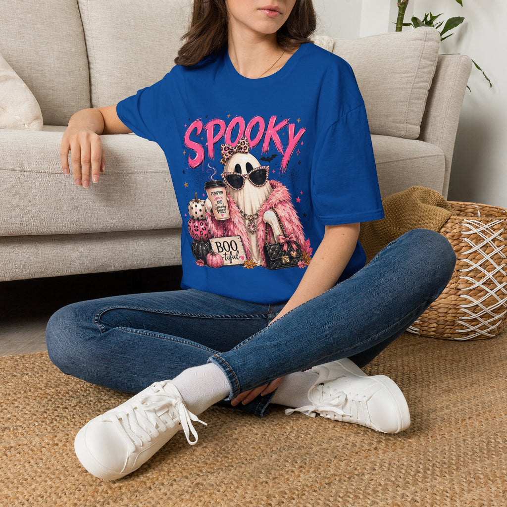 Spooky Glam T-Shirt — Cute Pink Ghost with Sunglasses & Pumpkin Latte