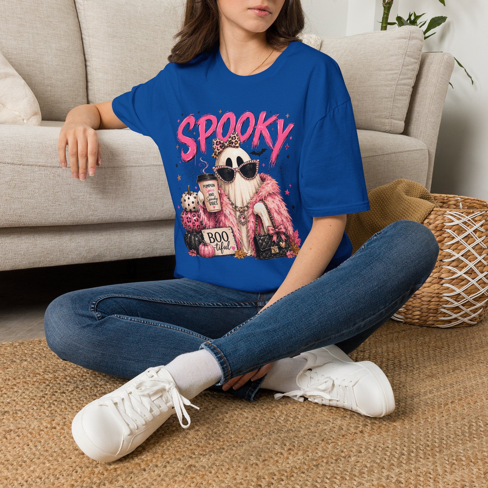 Spooky Glam T-Shirt — Cute Pink Ghost with Sunglasses & Pumpkin Latte